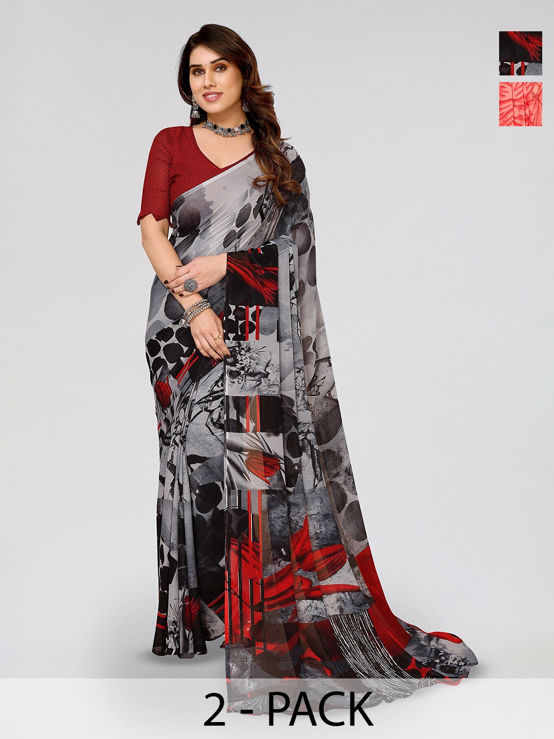 

ANAND SAREES Selection of 2 Abstract Printed Sarees, Peach