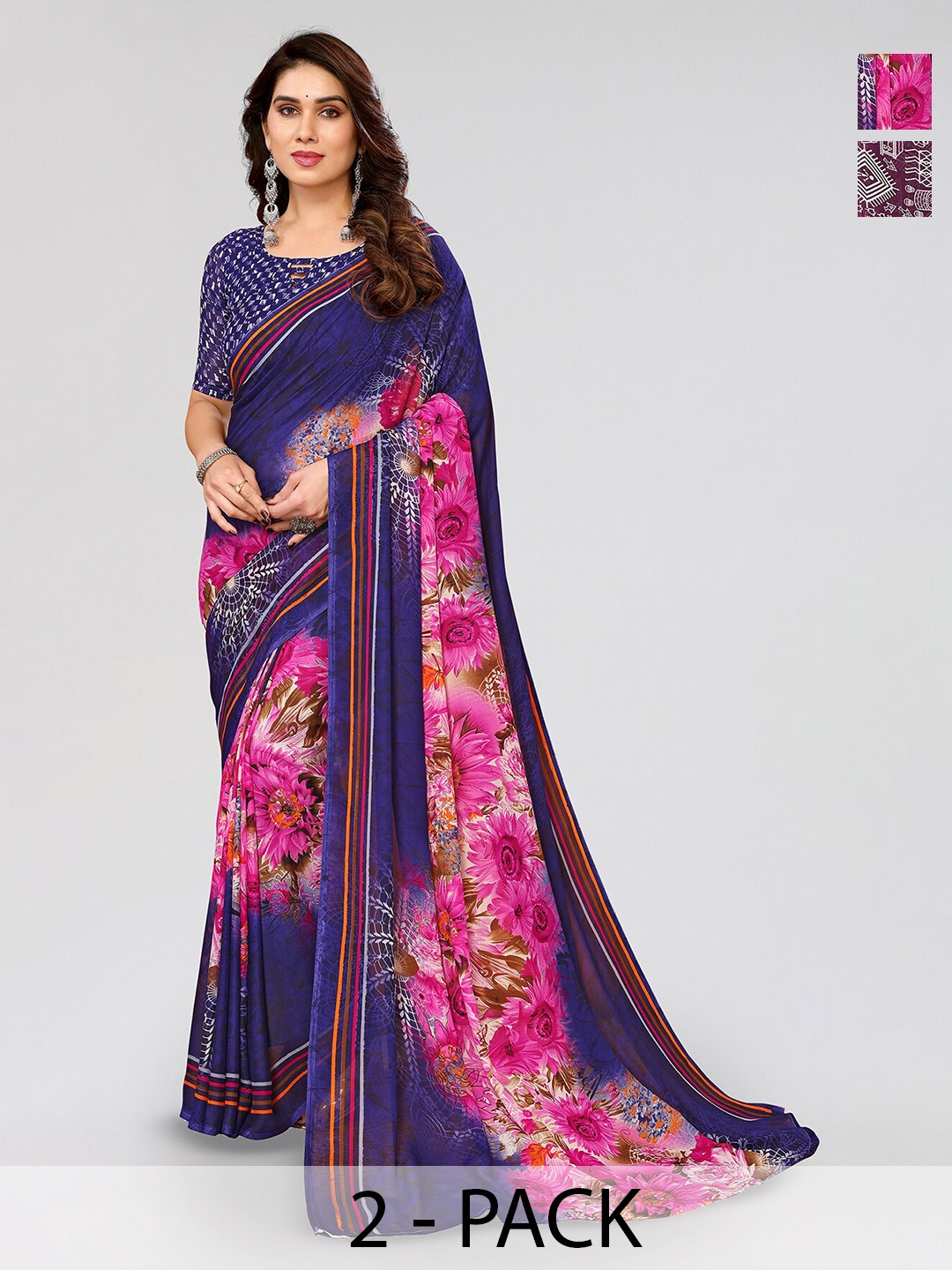 

ANAND SAREES Selection of 2 Ethnic Motifs & Floral Printed Sarees, Purple
