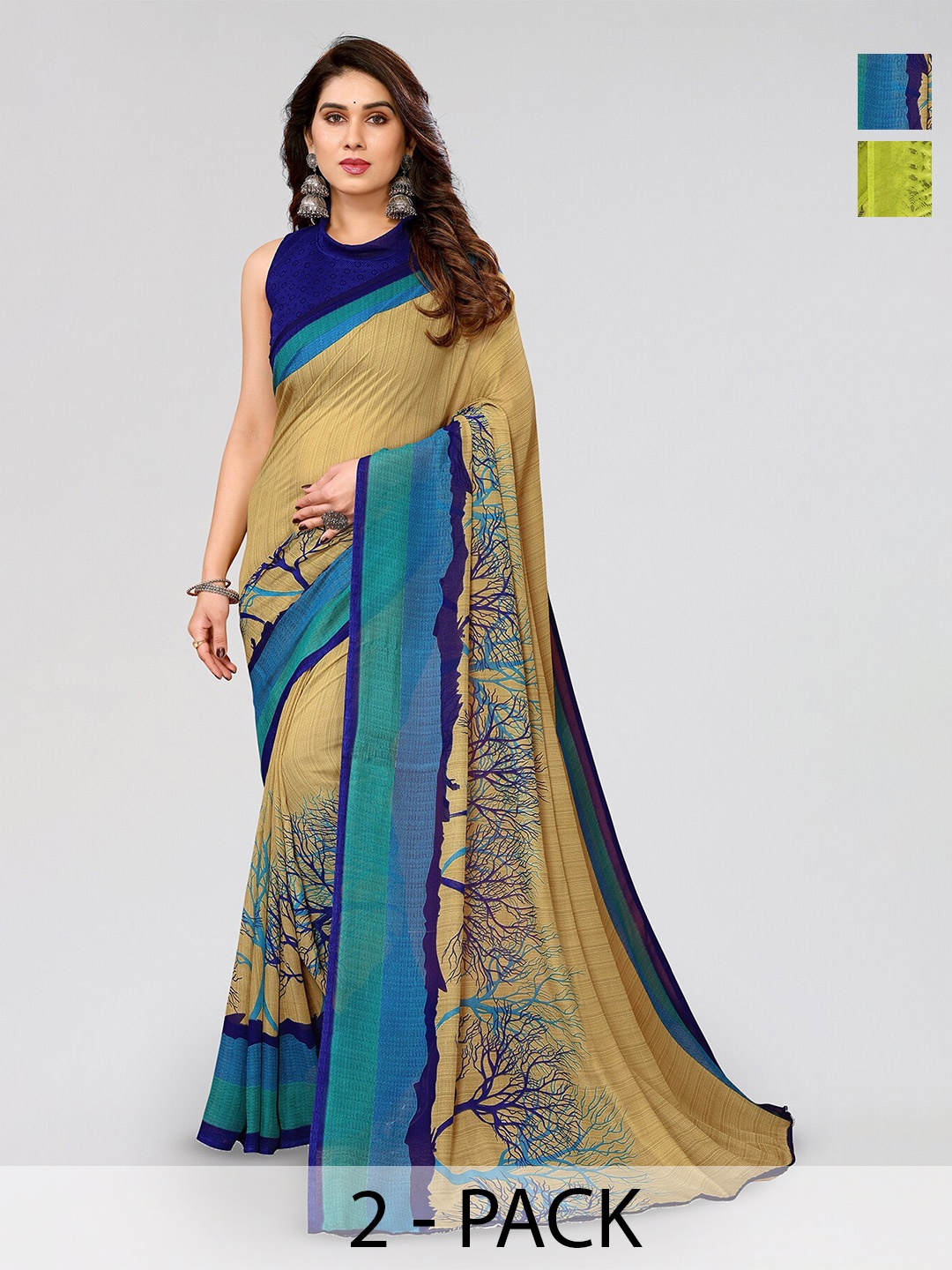 

ANAND SAREES Selection of 2 Abstract Printed Sarees, Green