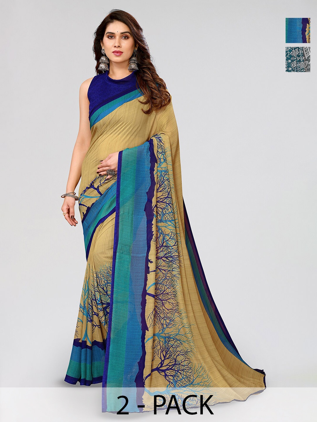 

ANAND SAREES Selection of 2 Ethnic Motifs & Abstract Printed Sarees, Green