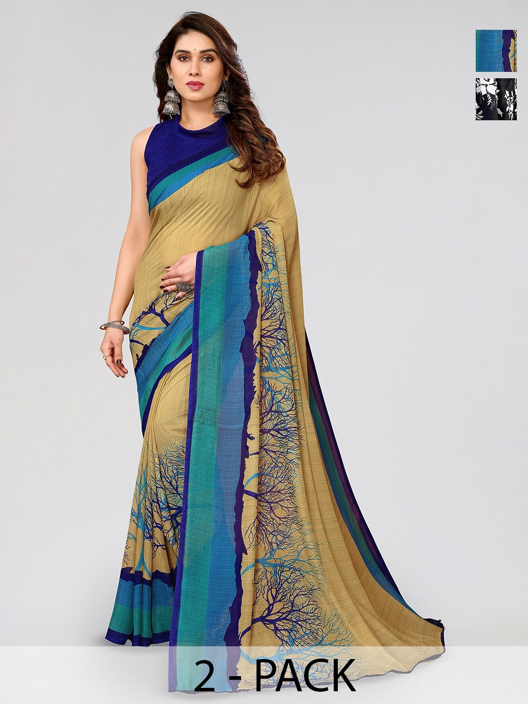 

ANAND SAREES Selection of 2 Floral & Abstract Printed Sarees, Black