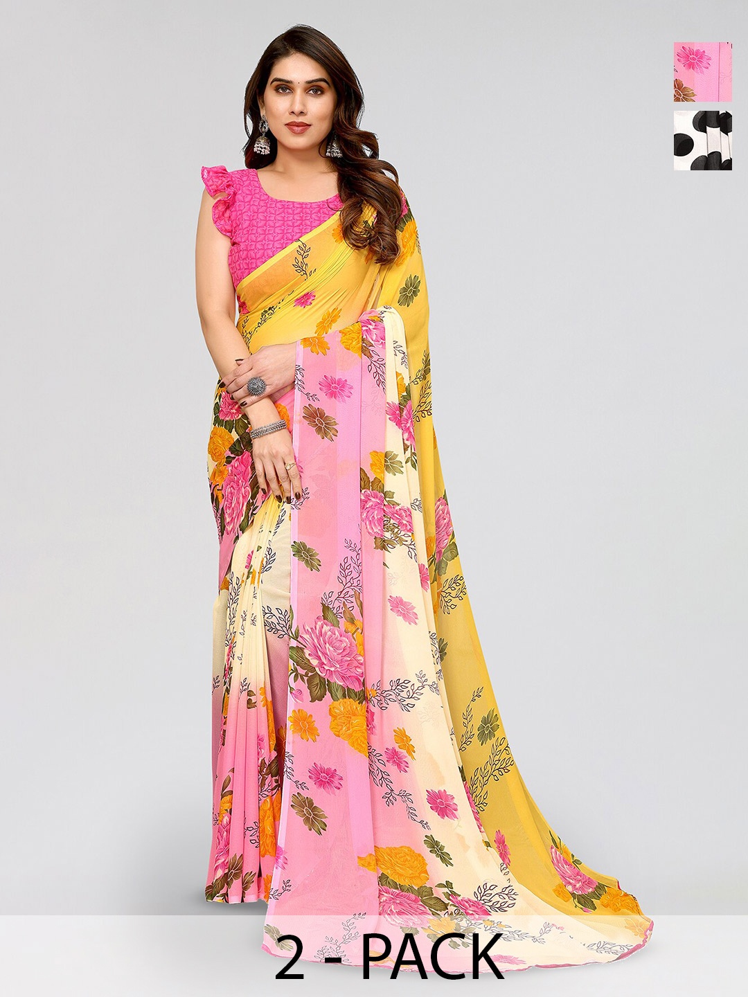 

ANAND SAREES Selection of 2 Polka Dots & Floral Printed Sarees, Pink