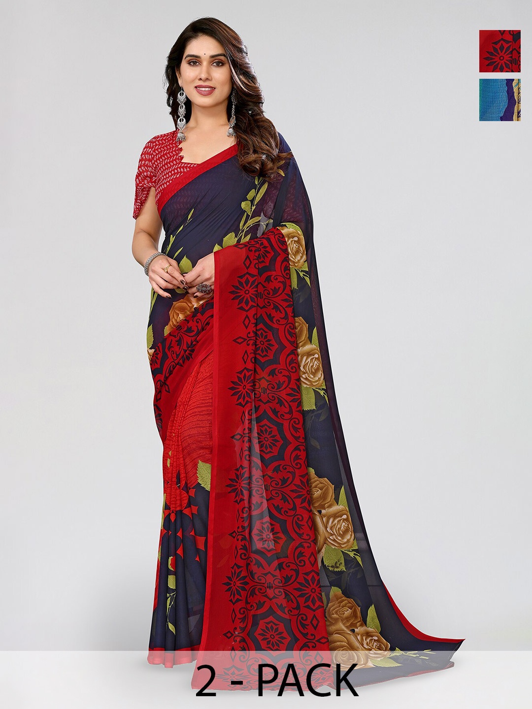 

ANAND SAREES Selection of 2 Floral & Abstract Printed Sarees, Red