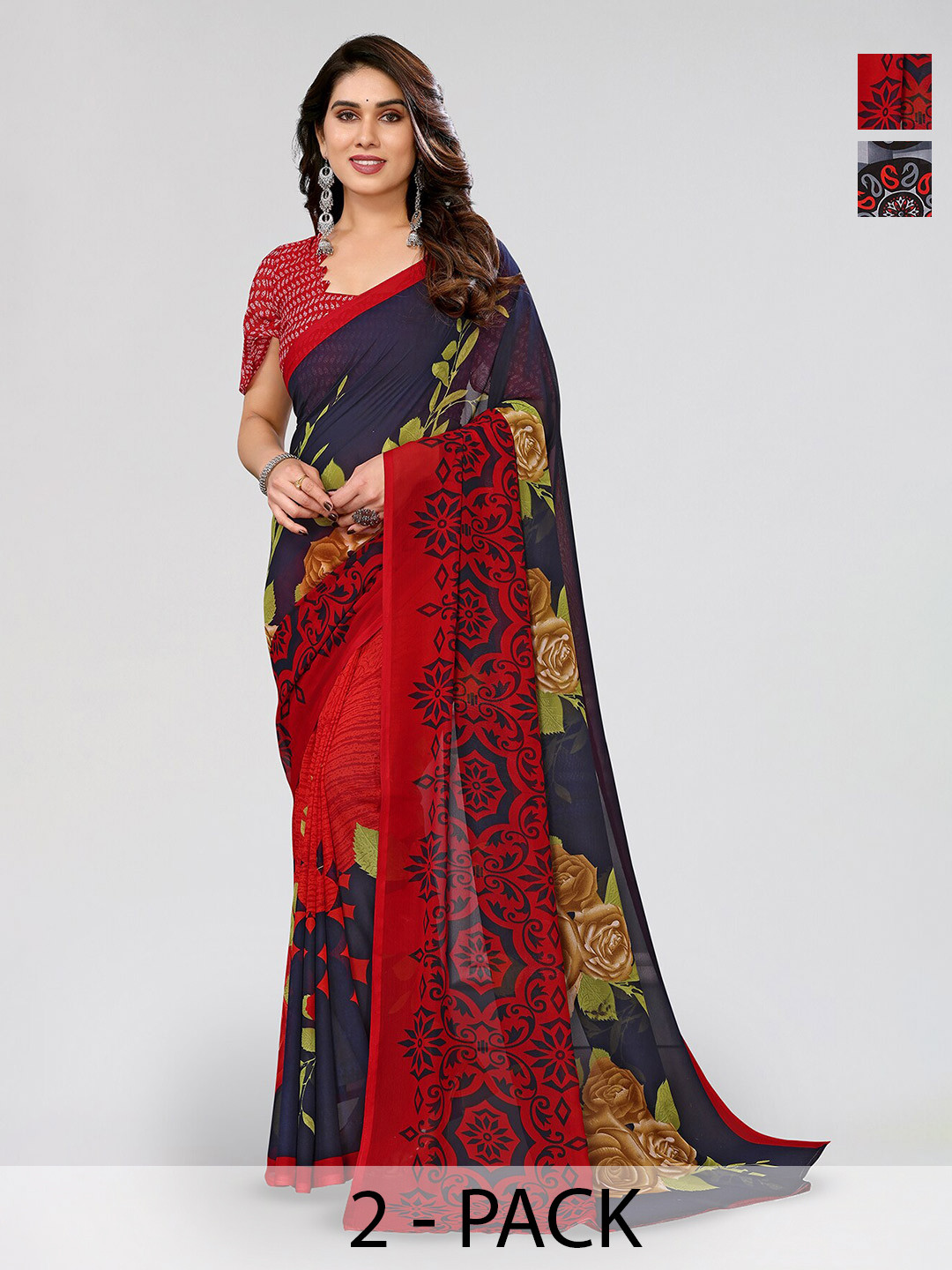 

ANAND SAREES Selection of 2 Floral & Ethnic Motifs Printed Sarees, Red