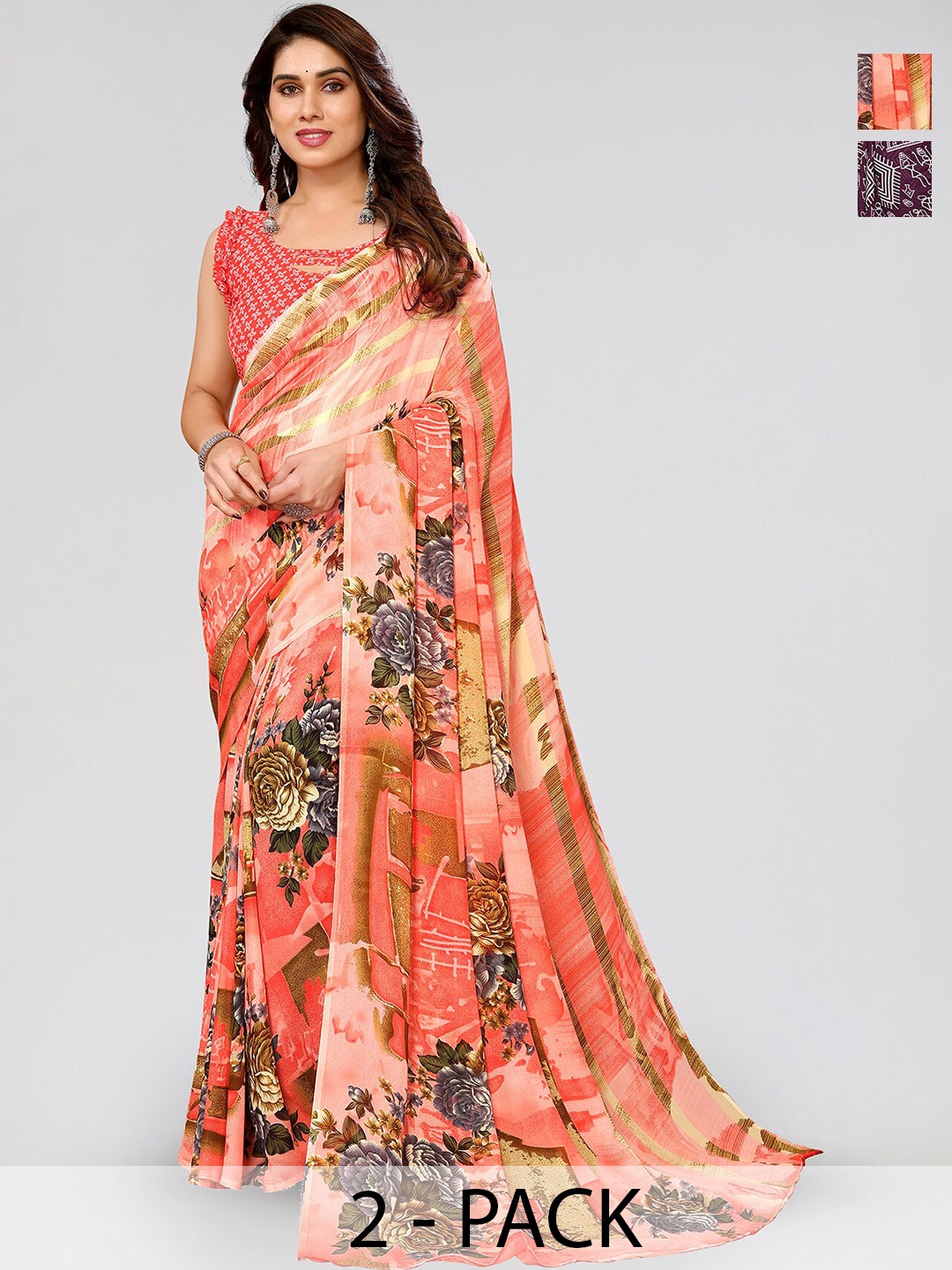 

ANAND SAREES Selection of 2 Floral & Ethnic Motifs Printed Sarees, Peach