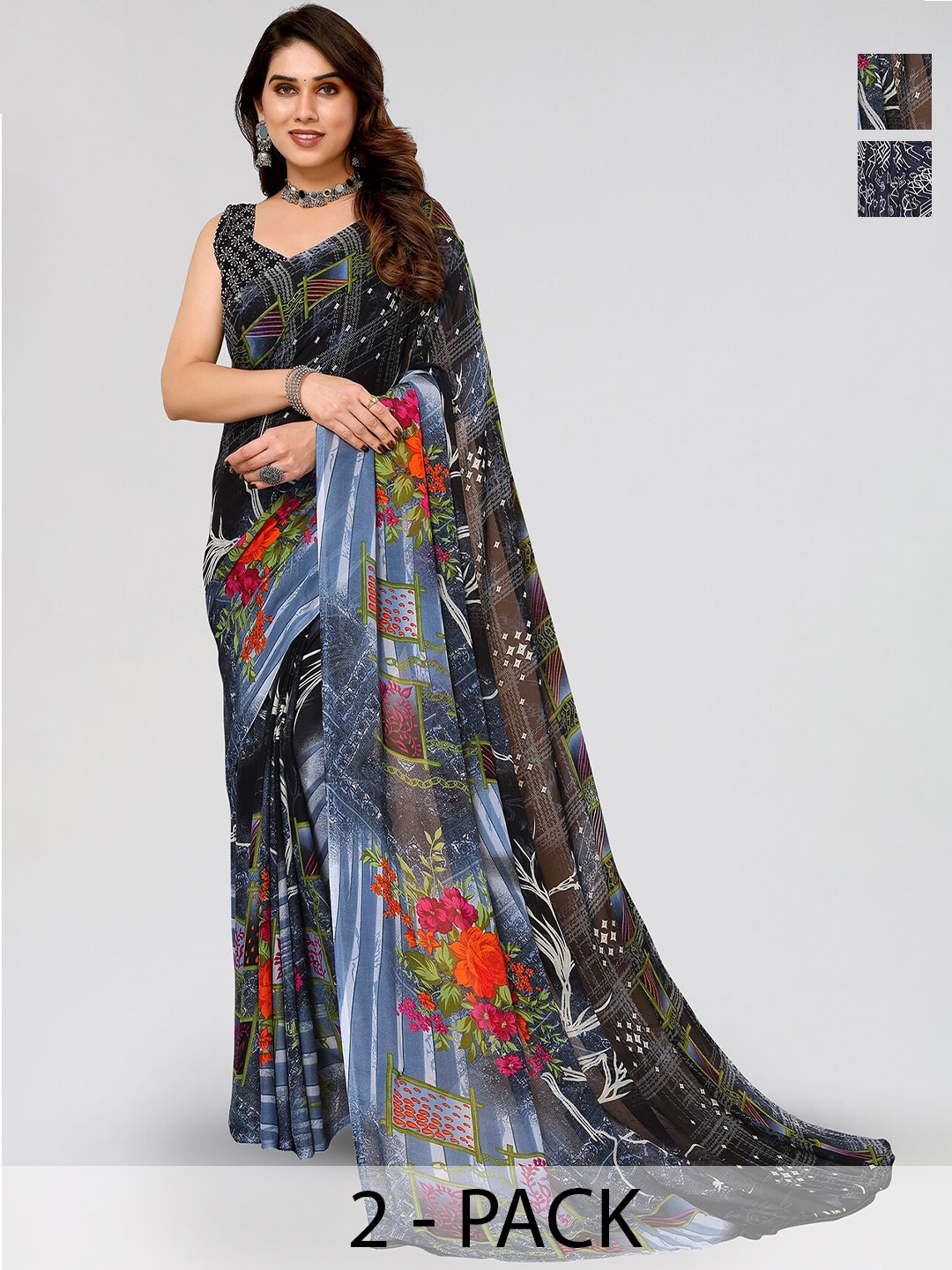 

ANAND SAREES Selection of 2 Floral & Ethnic Motifs Printed Sarees, Blue