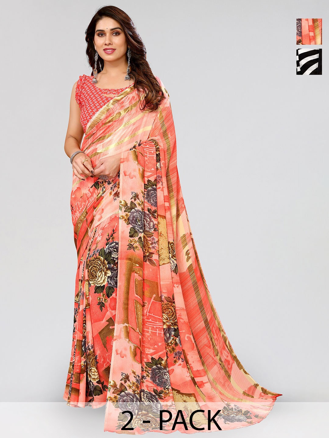 

ANAND SAREES Selection of 2 Floral & Geometric Printed Sarees, Black