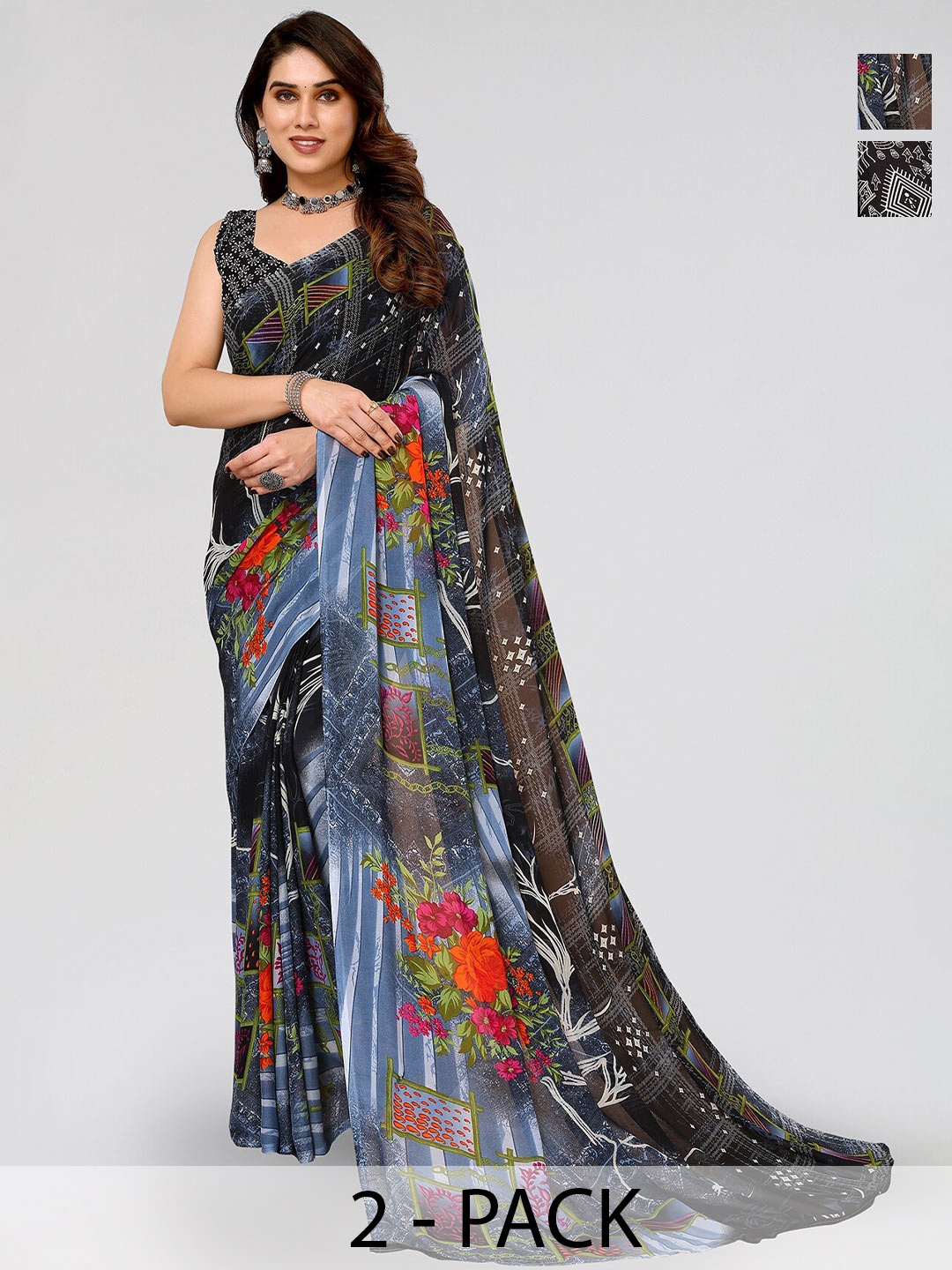 

ANAND SAREES Selection of 2 Floral & Ethnic Motifs Printed Sarees, Black