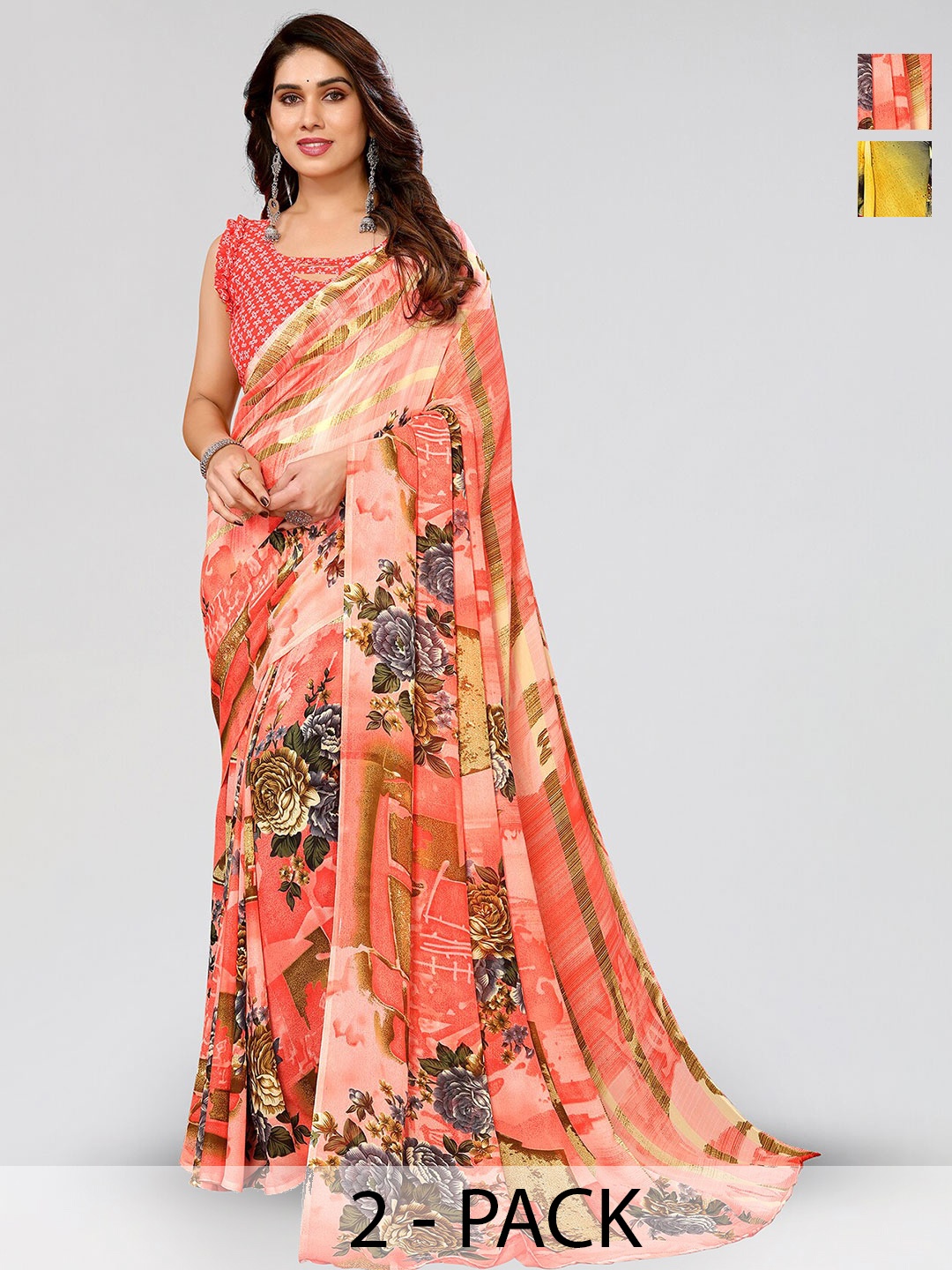 

ANAND SAREES Selection of 2 Floral Printed Sarees, Yellow