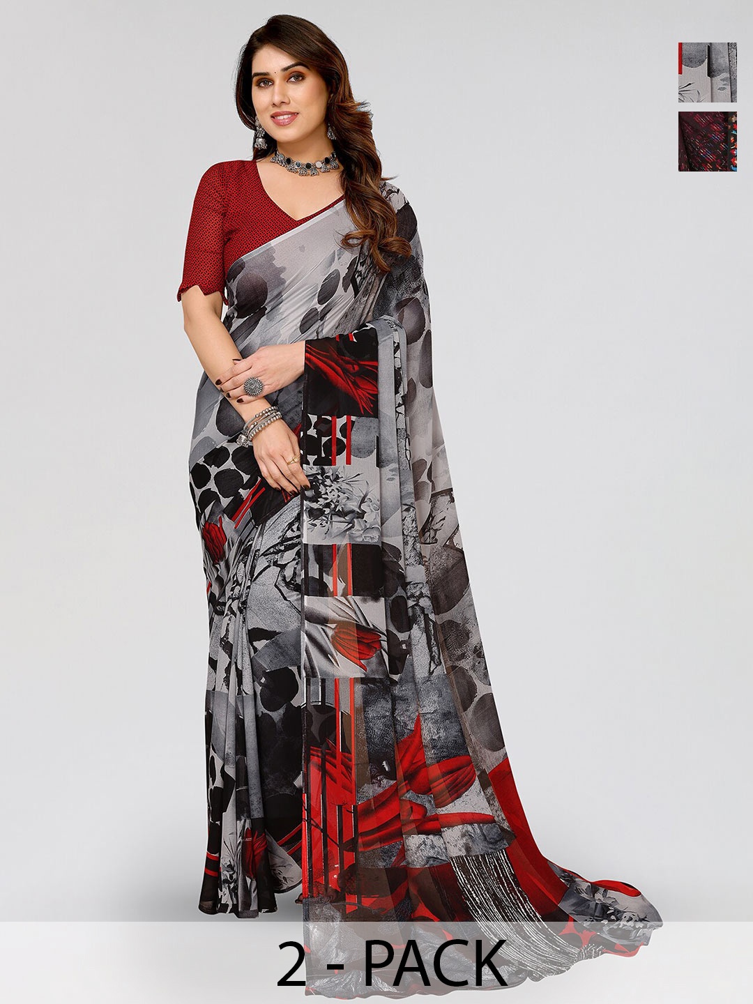 

ANAND SAREES Selection of 2 Floral Printed Sarees, Grey