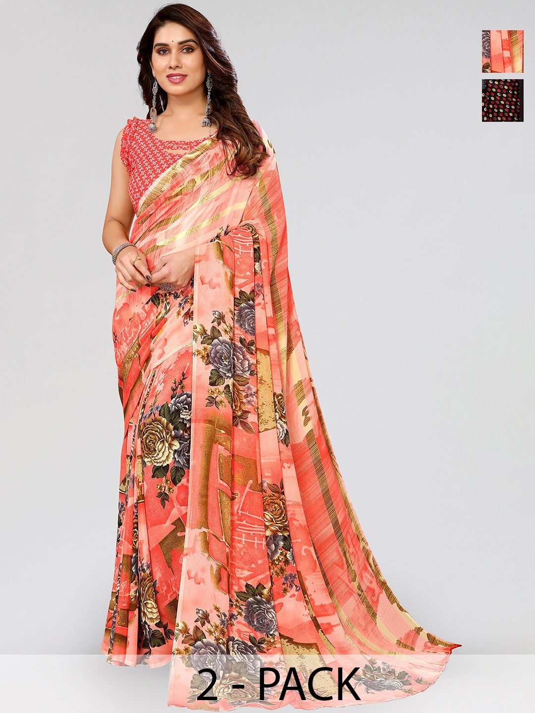 

ANAND SAREES Selection of 2 Floral Printed Sarees, Black
