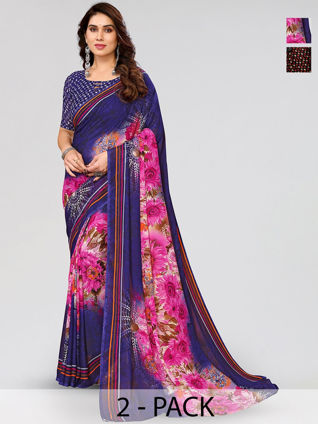 

ANAND SAREES Selection of 2 Floral Printed Sarees, Blue