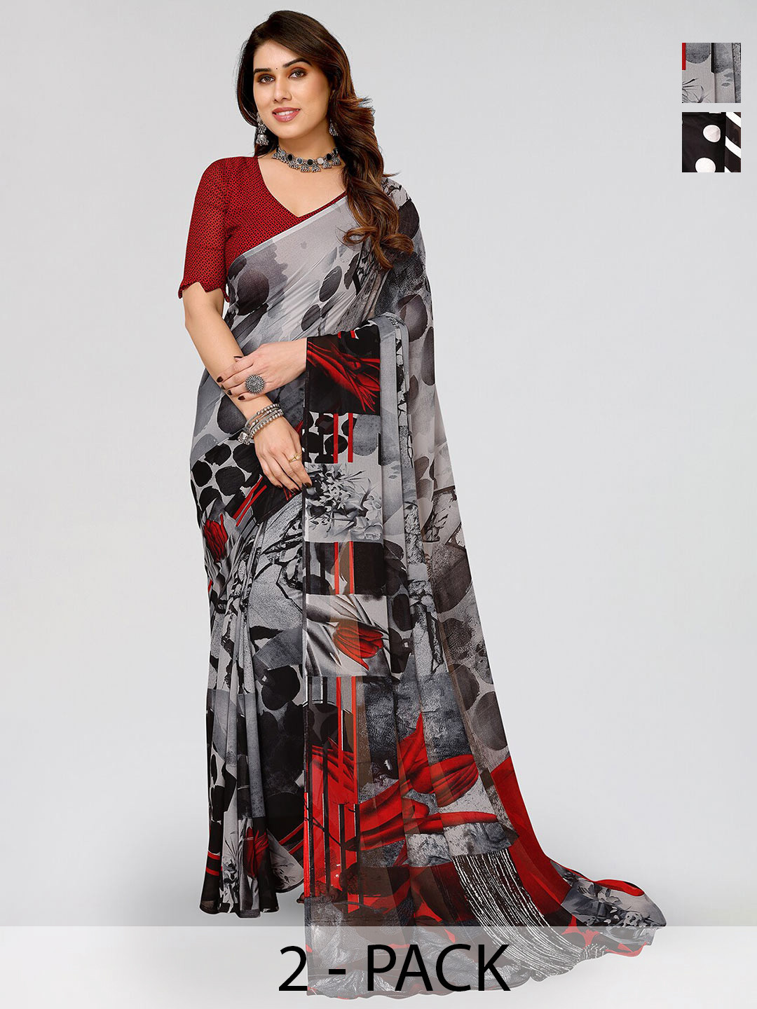 

ANAND SAREES Selection of 2 Floral & Geometric Printed Sarees, Black