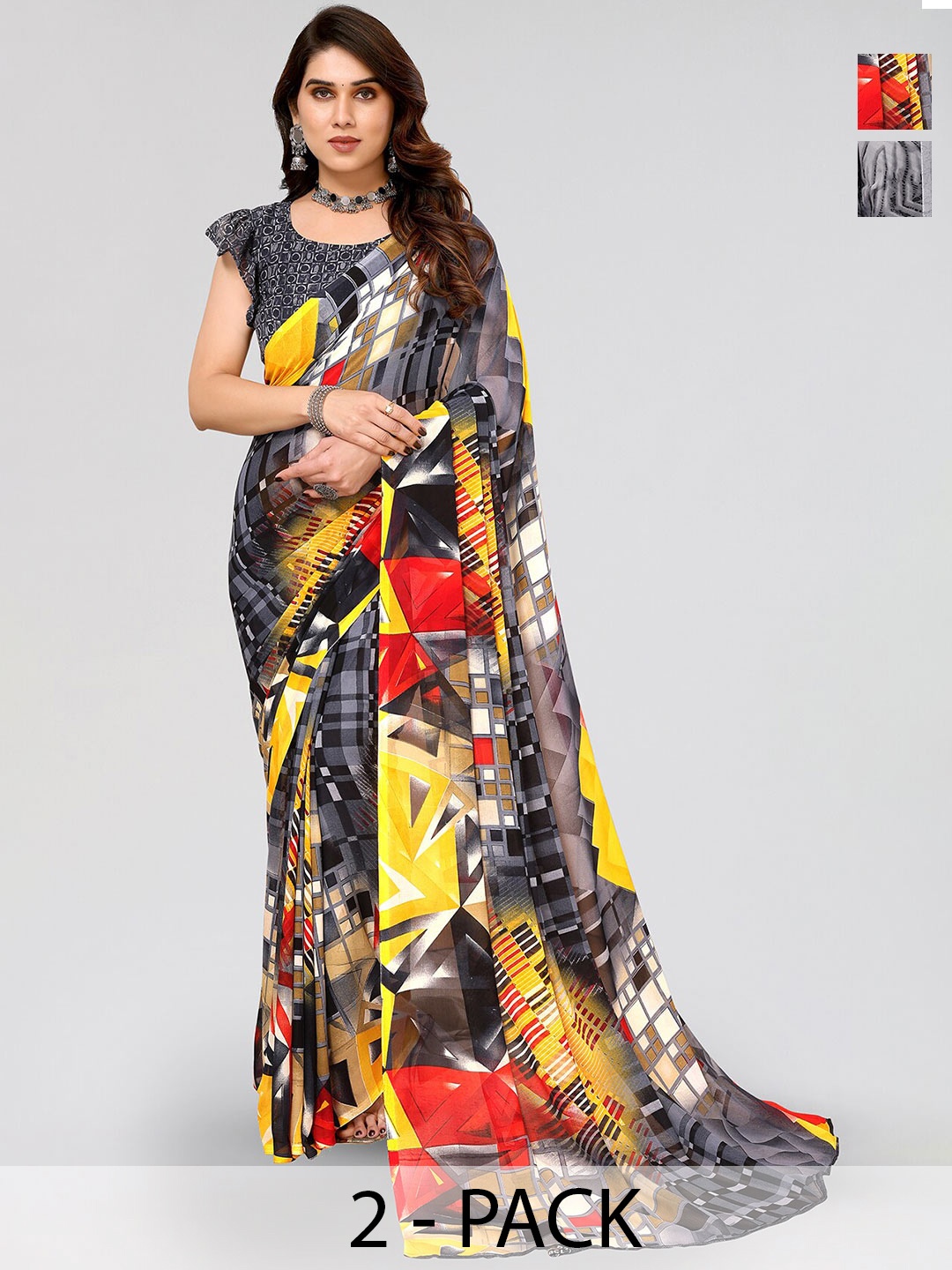 

ANAND SAREES Selection of 2 Geometric & Abstract Printed Sarees, Red