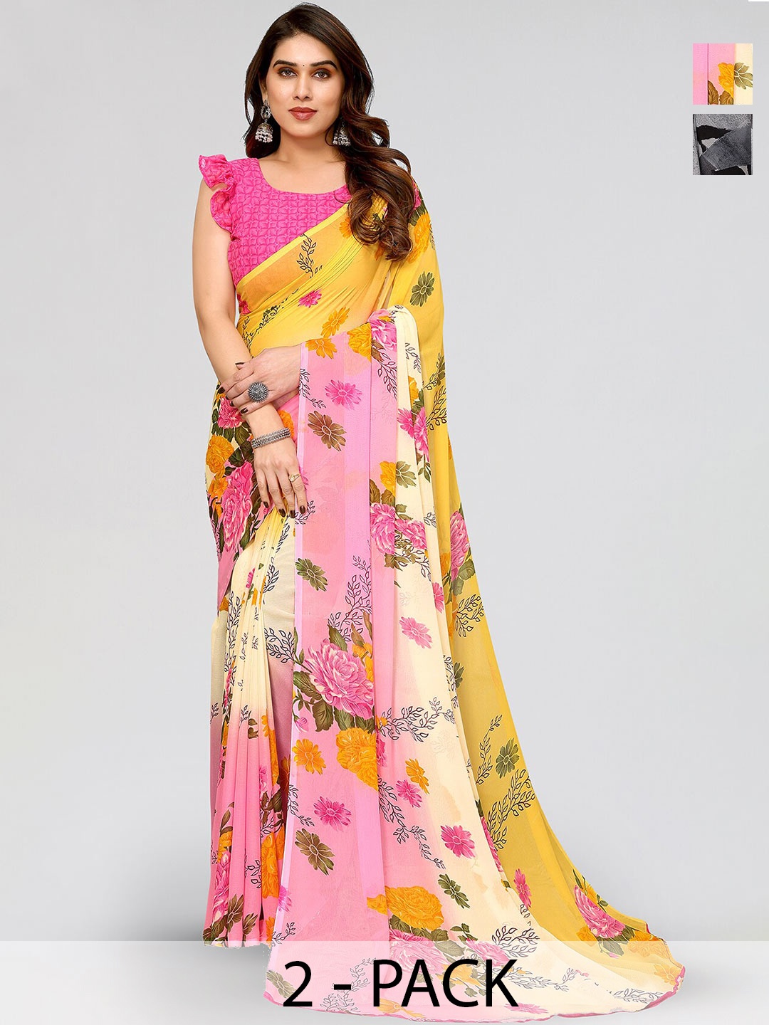 

ANAND SAREES Selection Of 2 Floral Printed Sarees, Red