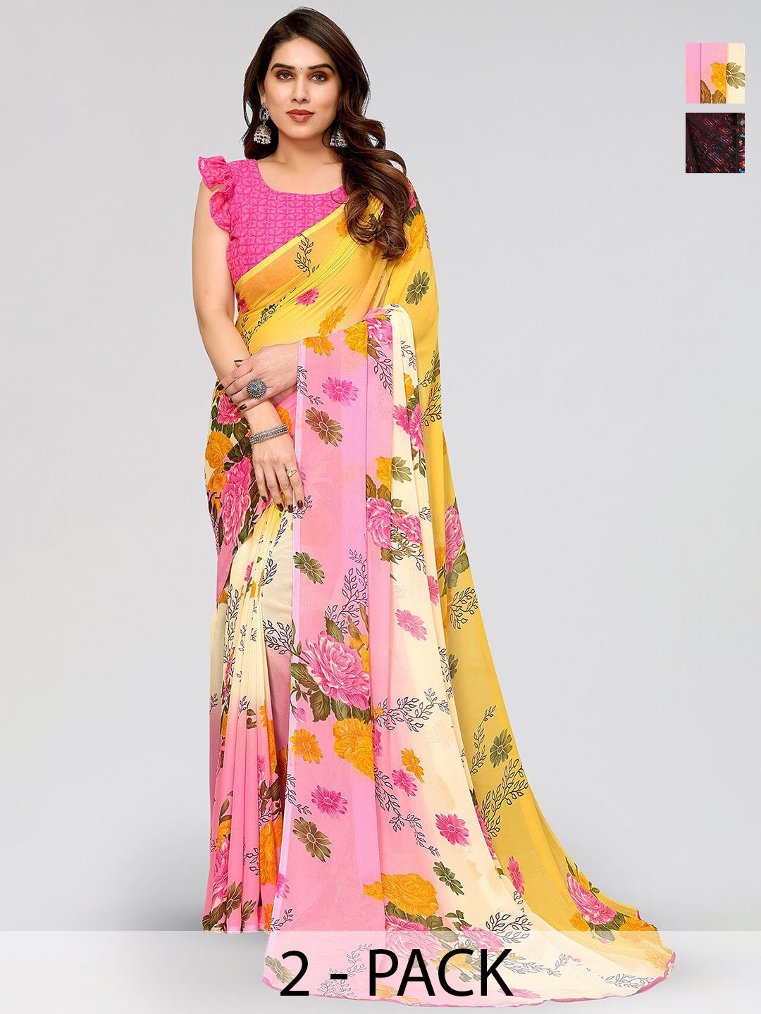 

ANAND SAREES Selection Of 2 Floral Printed Sarees, Pink