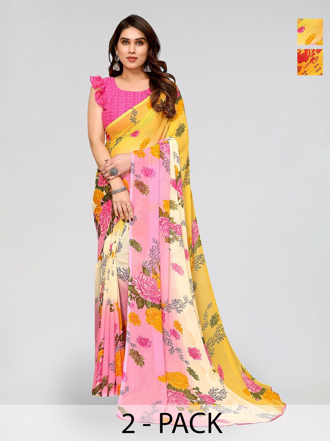 

ANAND SAREES Selection Of 2 Floral Printed Sarees, Yellow