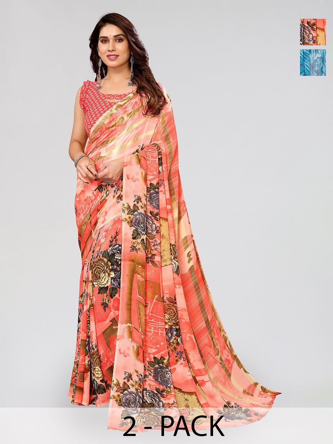 

ANAND SAREES Selection Of 2 Floral Printed Sarees, Peach