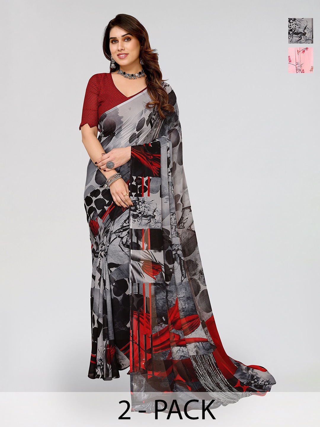 

ANAND SAREES Selection Of 2 Floral Printed Sarees, Black