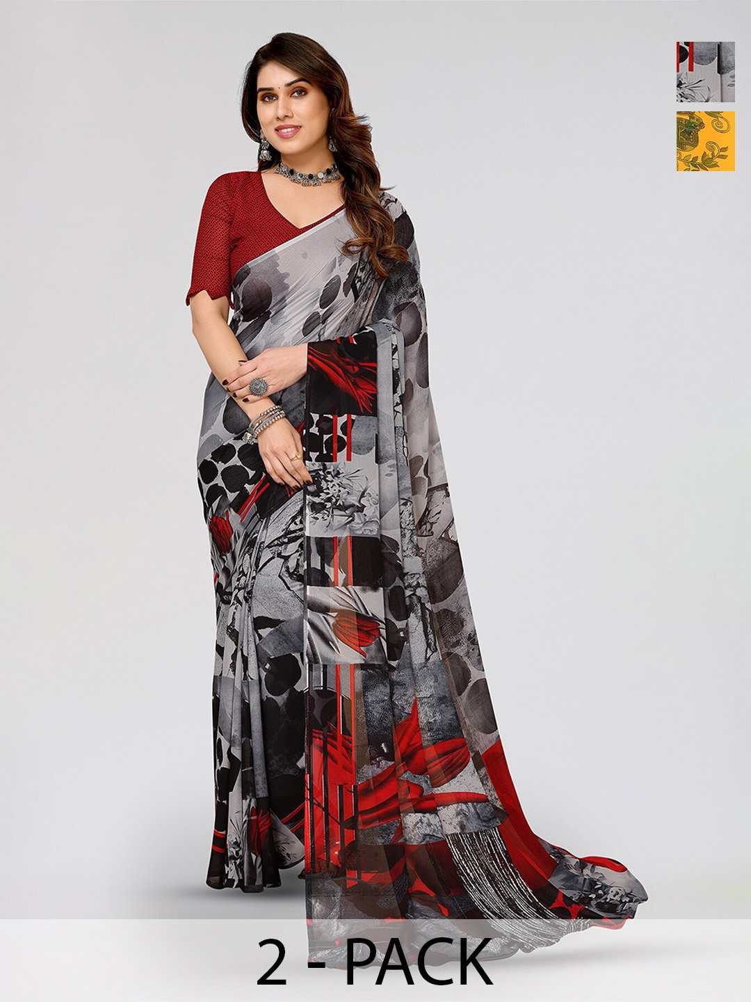 

ANAND SAREES Selection Of 2 Floral Printed Sarees, Yellow