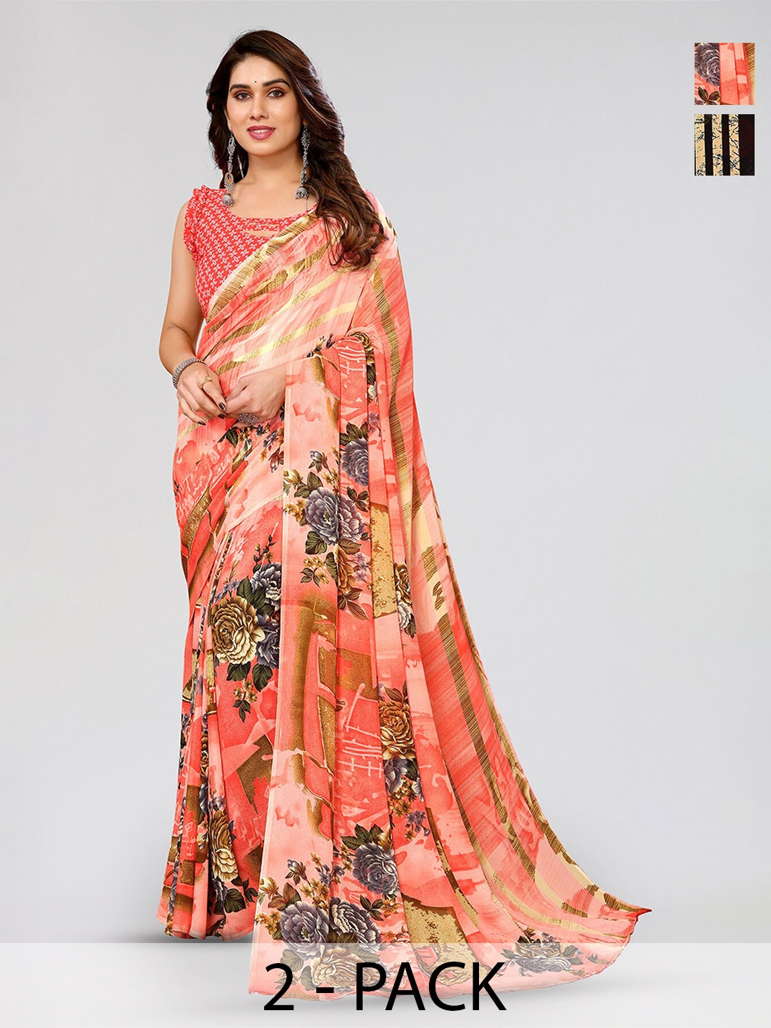 

ANAND SAREES Selection Of 2 Floral Printed Sarees, Black