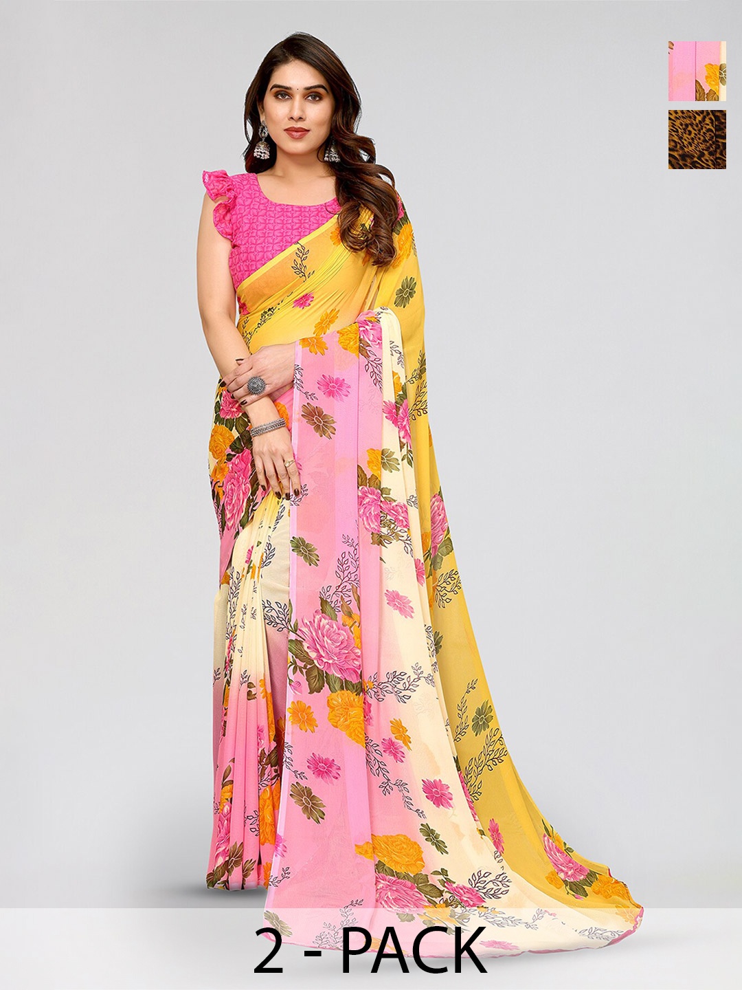 

ANAND SAREES Selection Of 2 Floral Printed Sarees, Black