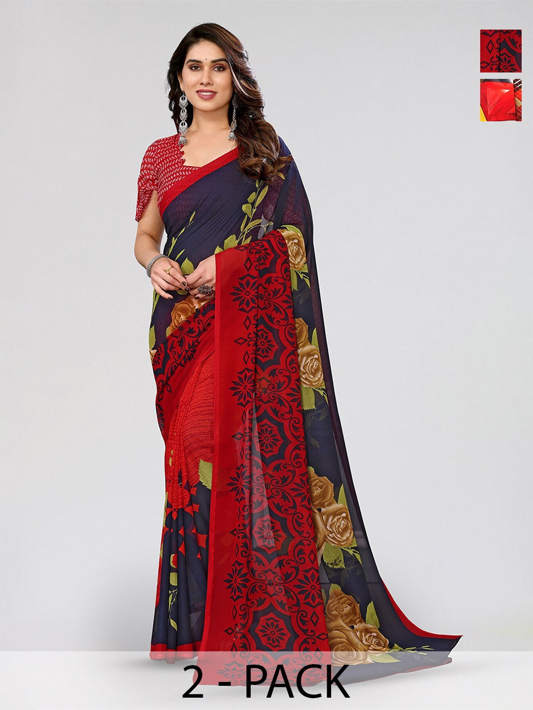 

ANAND SAREES Selection Of 2 Floral Printed Sarees, Red