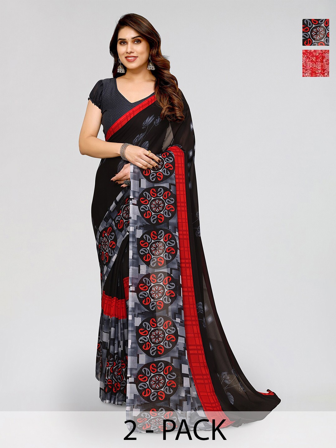 

ANAND SAREES Selection Of 2 Floral Printed Sarees, Red