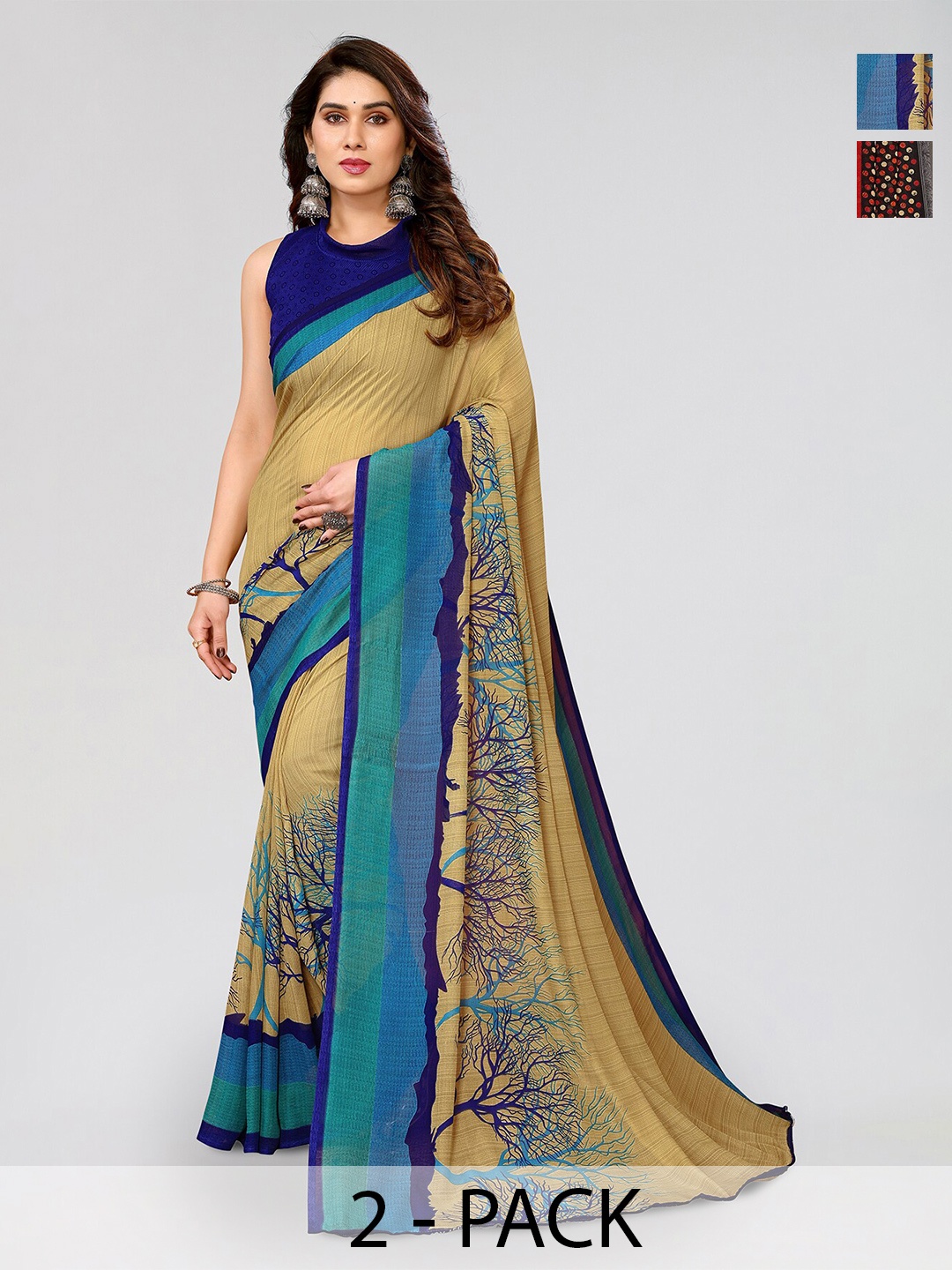 

ANAND SAREES Selection Of 2 Floral Printed Sarees, Red