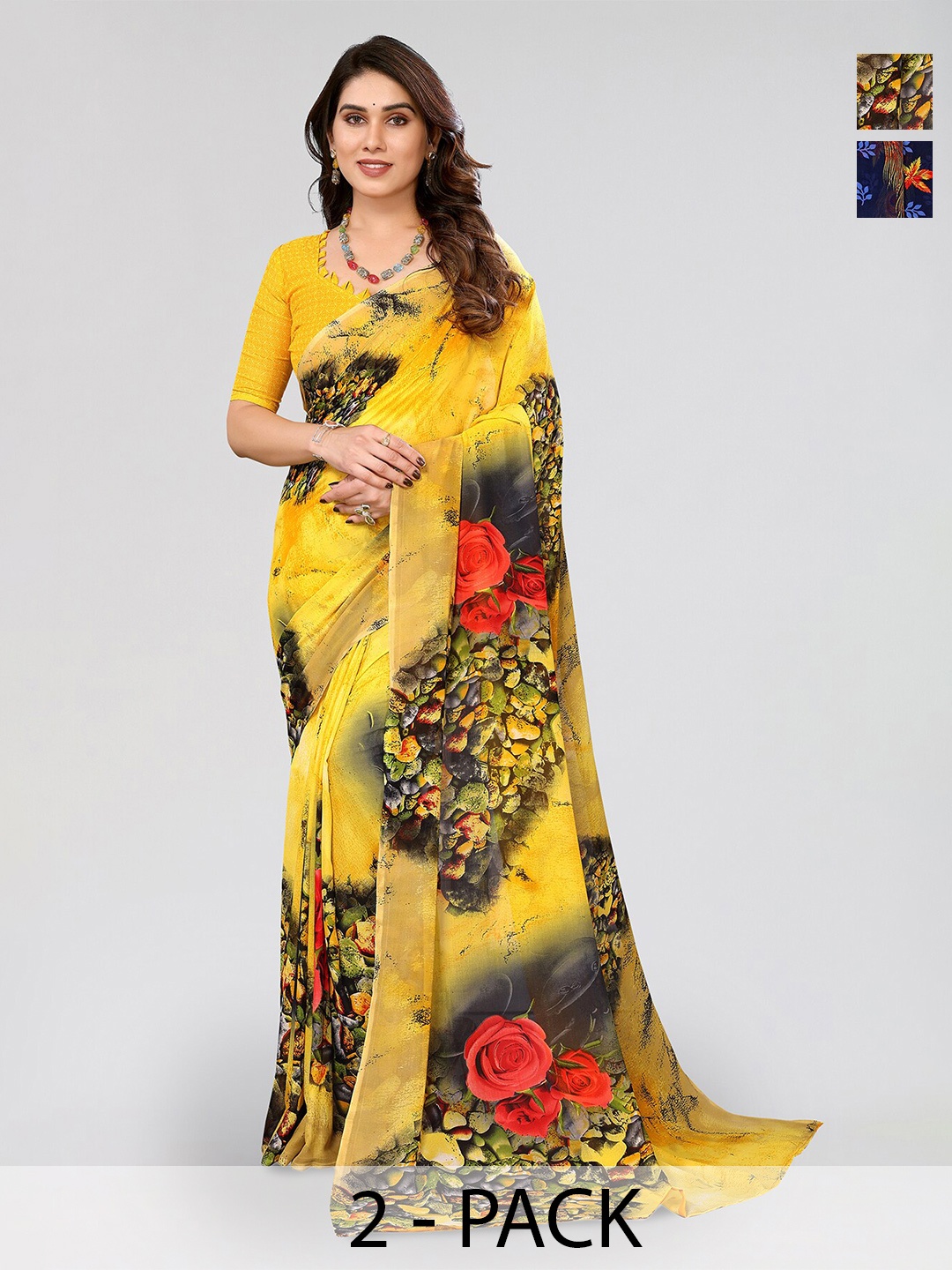 

ANAND SAREES Selection Of 2 Floral Printed Sarees, Yellow