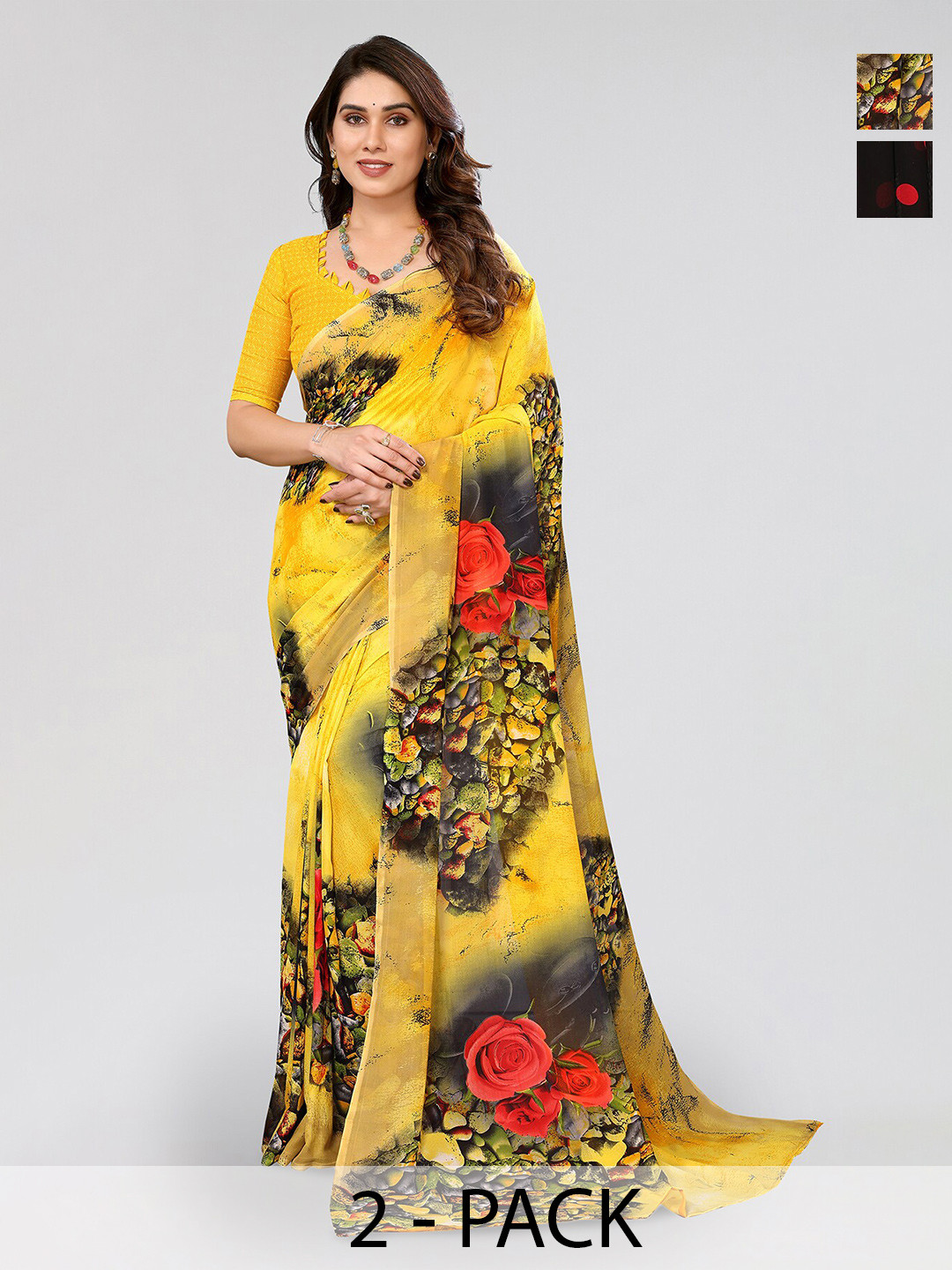 

ANAND SAREES Selection Of 2 Floral Printed Sarees, Red