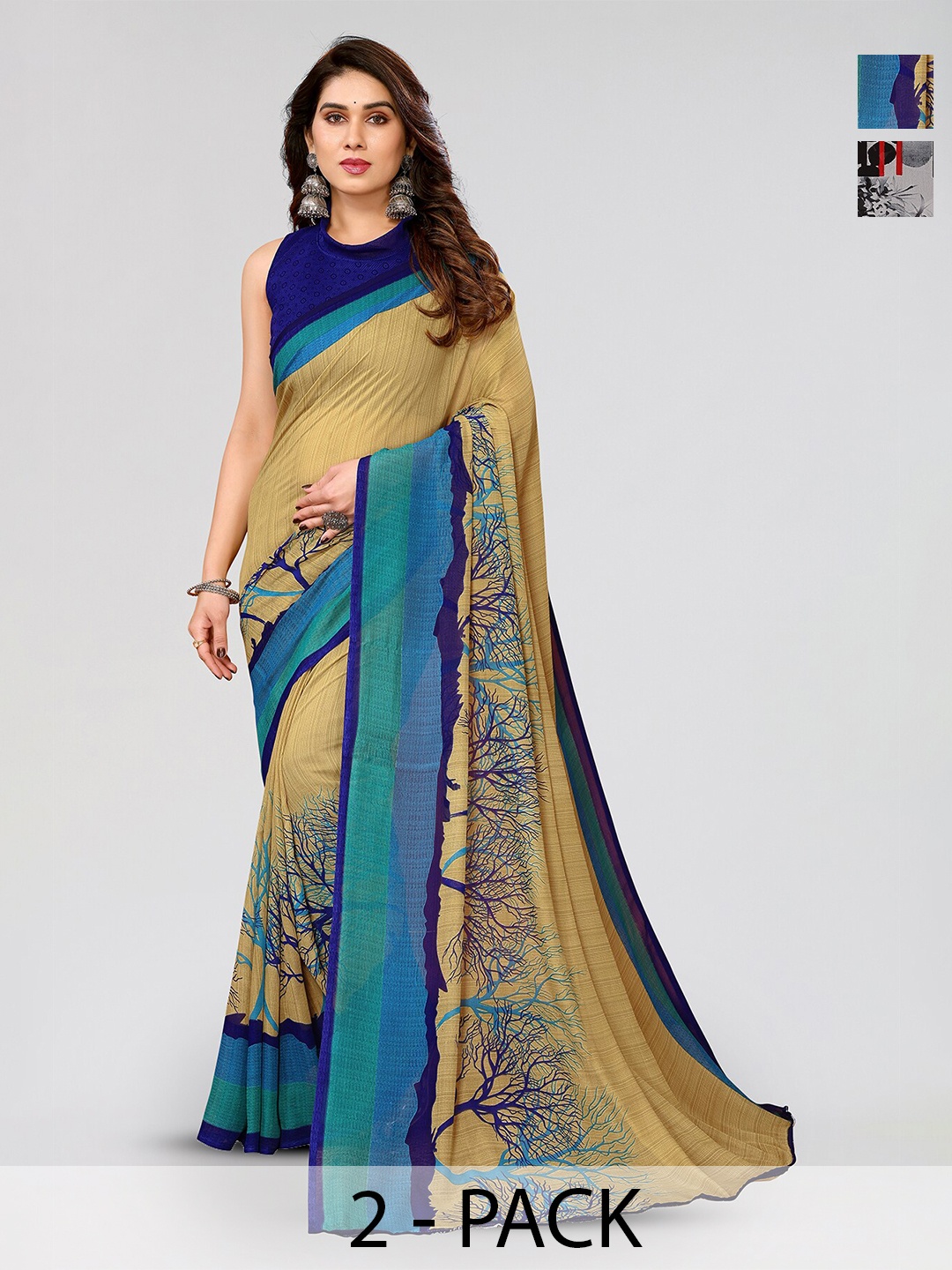 

ANAND SAREES Selection Of 2 Floral Printed Sarees, Grey