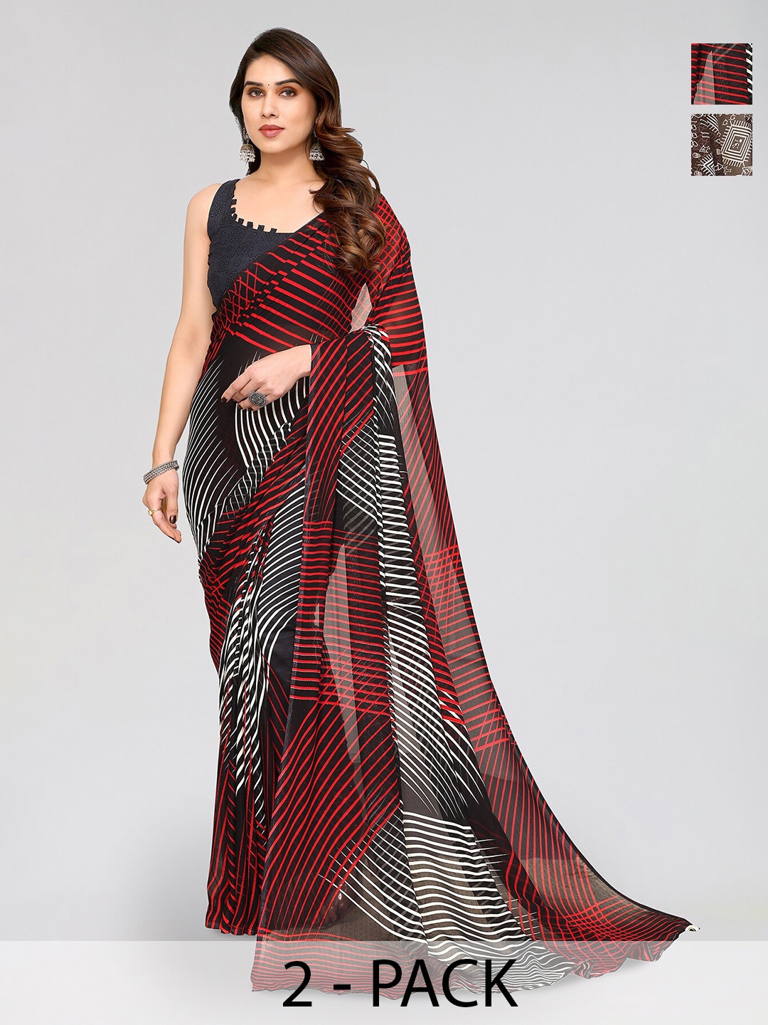 

ANAND SAREES Selection Of 2 Floral Printed Sarees, Brown