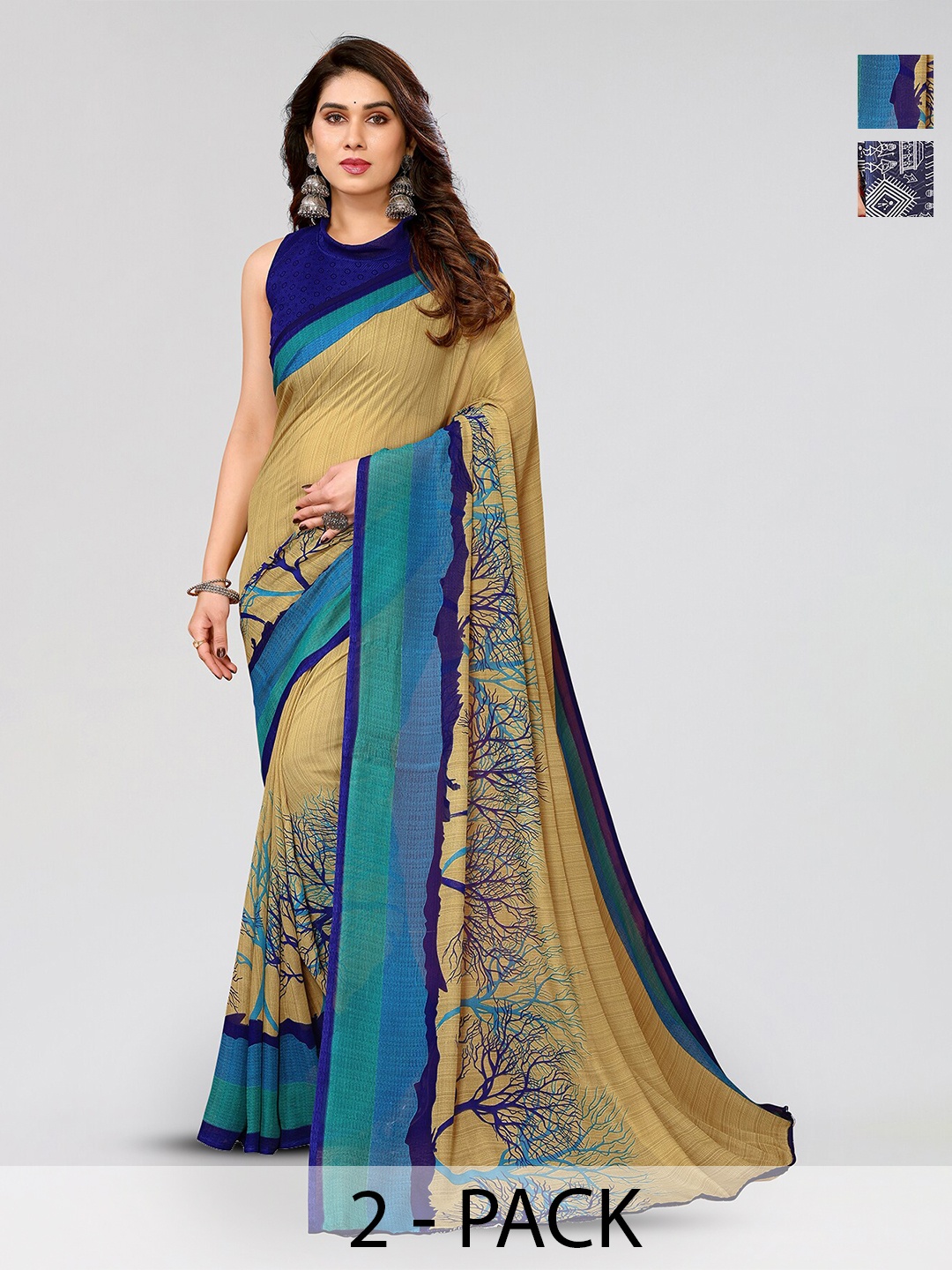 

ANAND SAREES Selection Of 2 Floral Printed Sarees, Navy blue