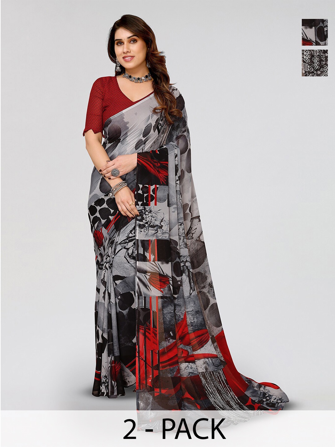 

ANAND SAREES Selection Of 2 Floral Printed Sarees, Black