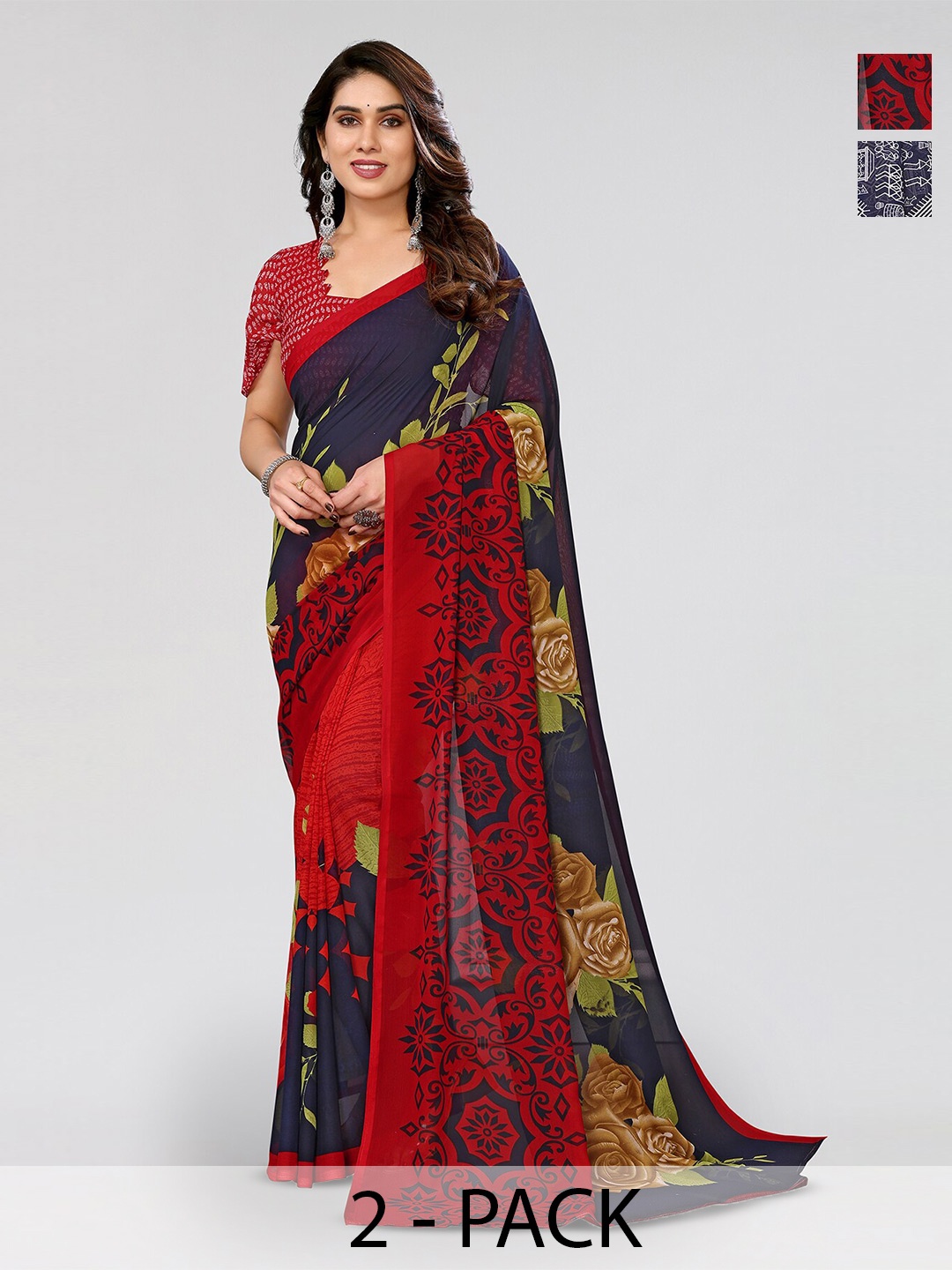 

ANAND SAREES Selection Of 2 Floral Printed Sarees, Blue