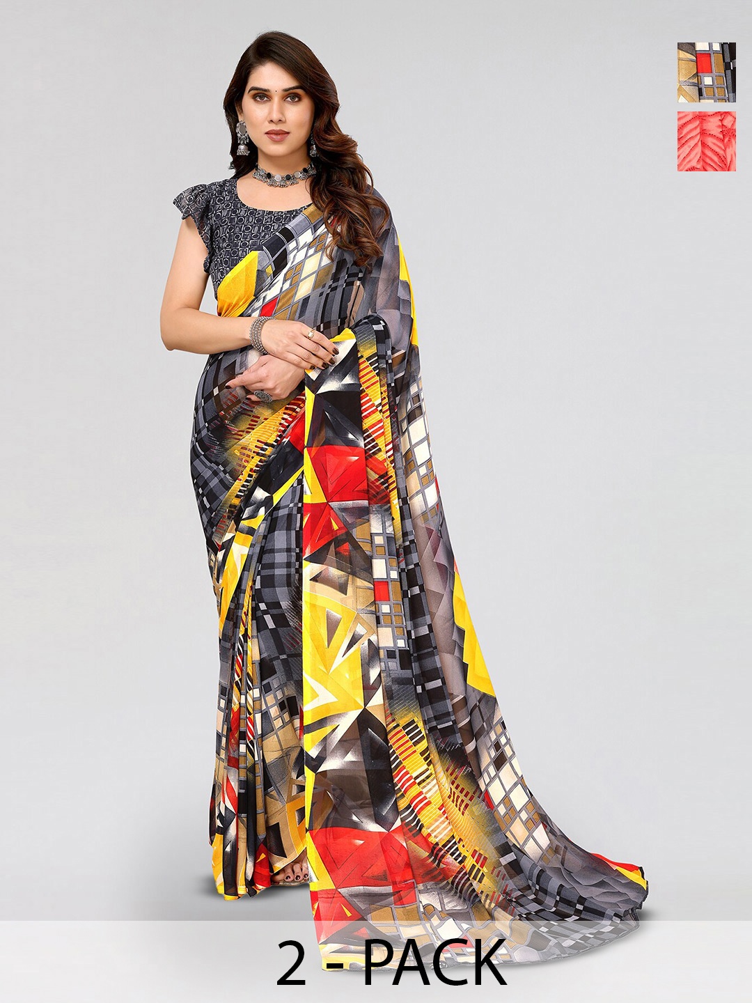 

ANAND SAREES Selection Of 2 Floral Printed Sarees, Red