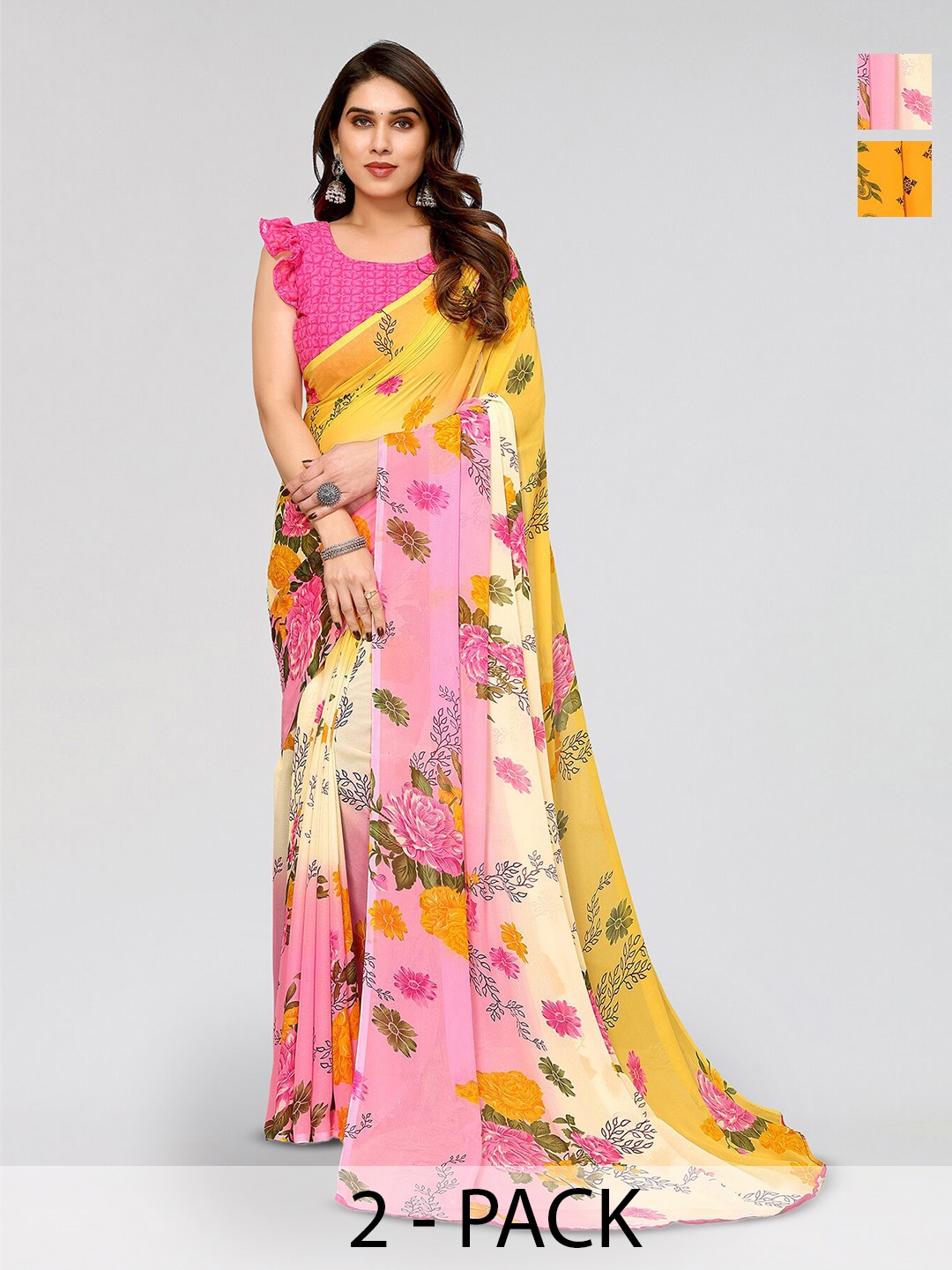 

ANAND SAREES Selection Of 2 Floral Printed Sarees, Yellow