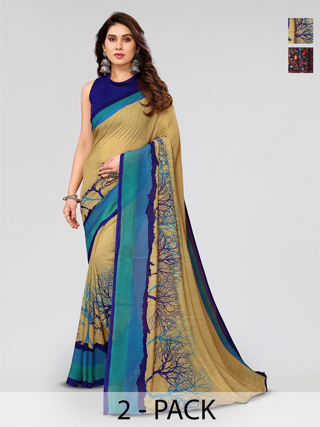 

ANAND SAREES Selection Of 2 Floral Printed Sarees, Purple