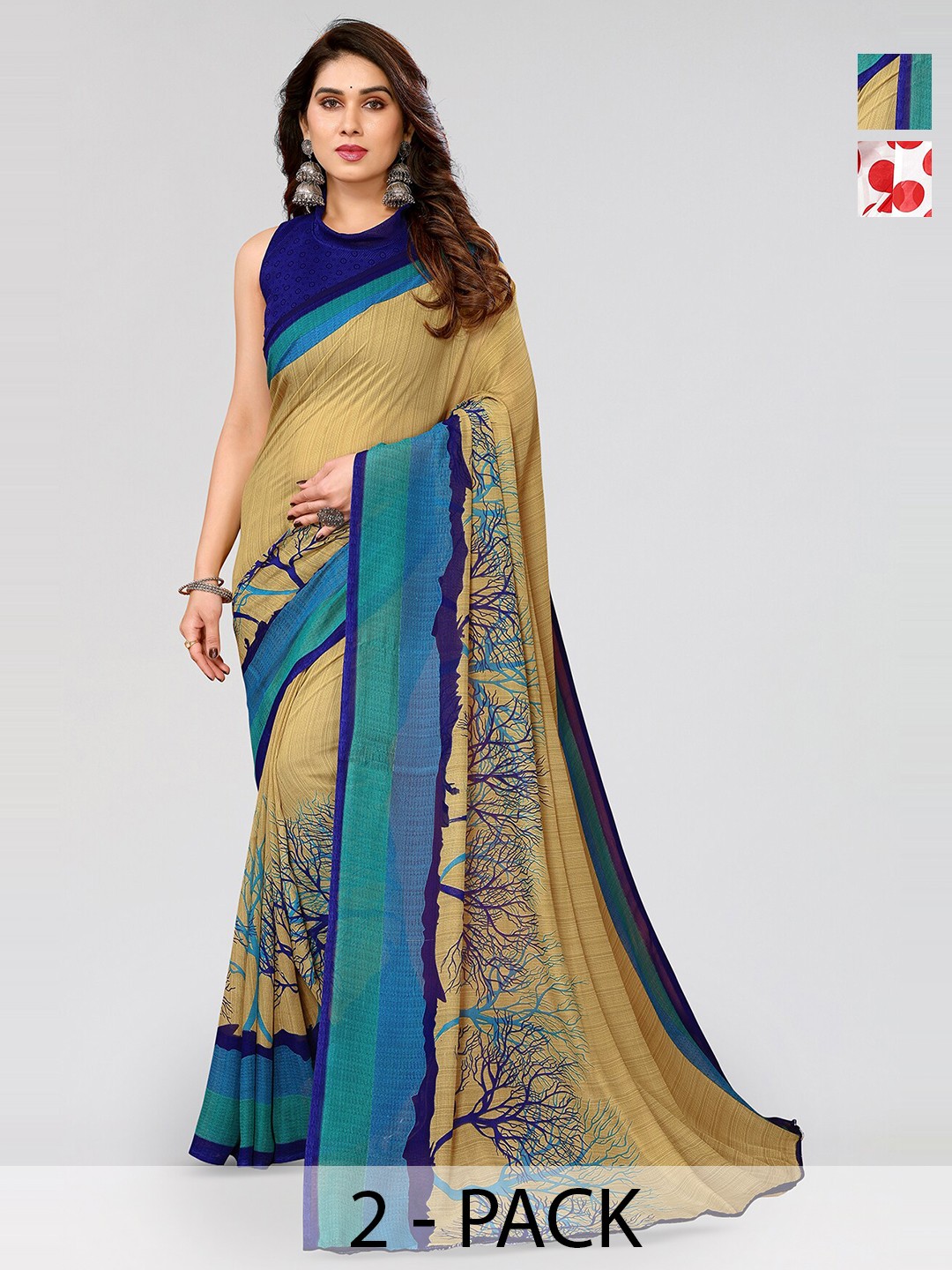 

ANAND SAREES Selection Of 2 Floral Printed Sarees, Red