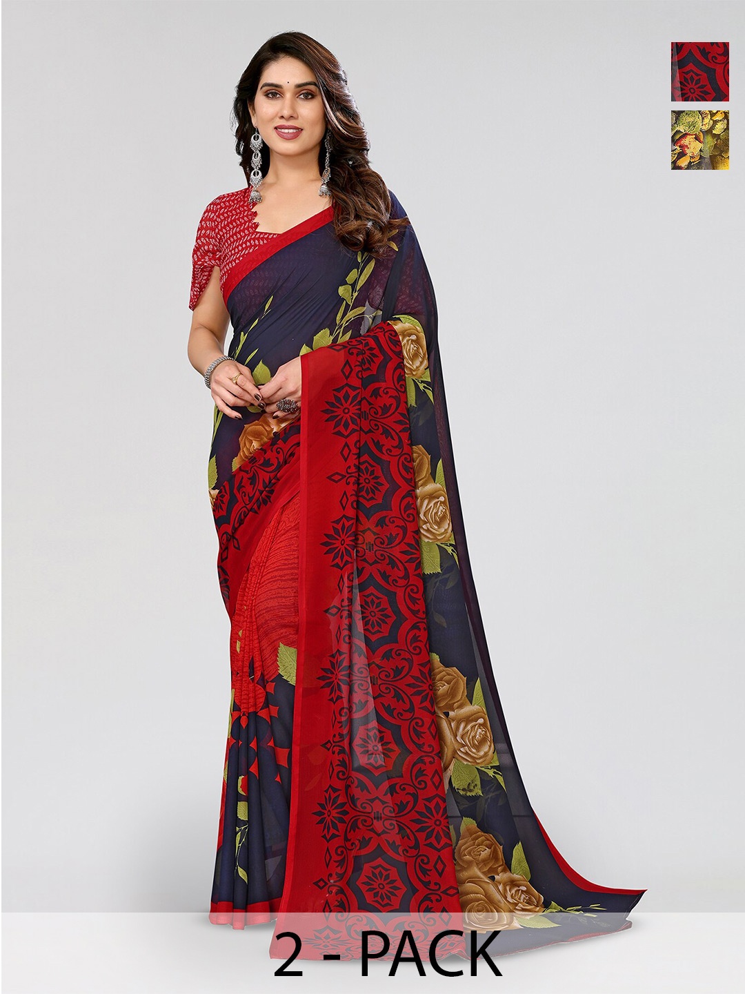 

ANAND SAREES Selection Of 2 Floral Printed Sarees, Navy blue