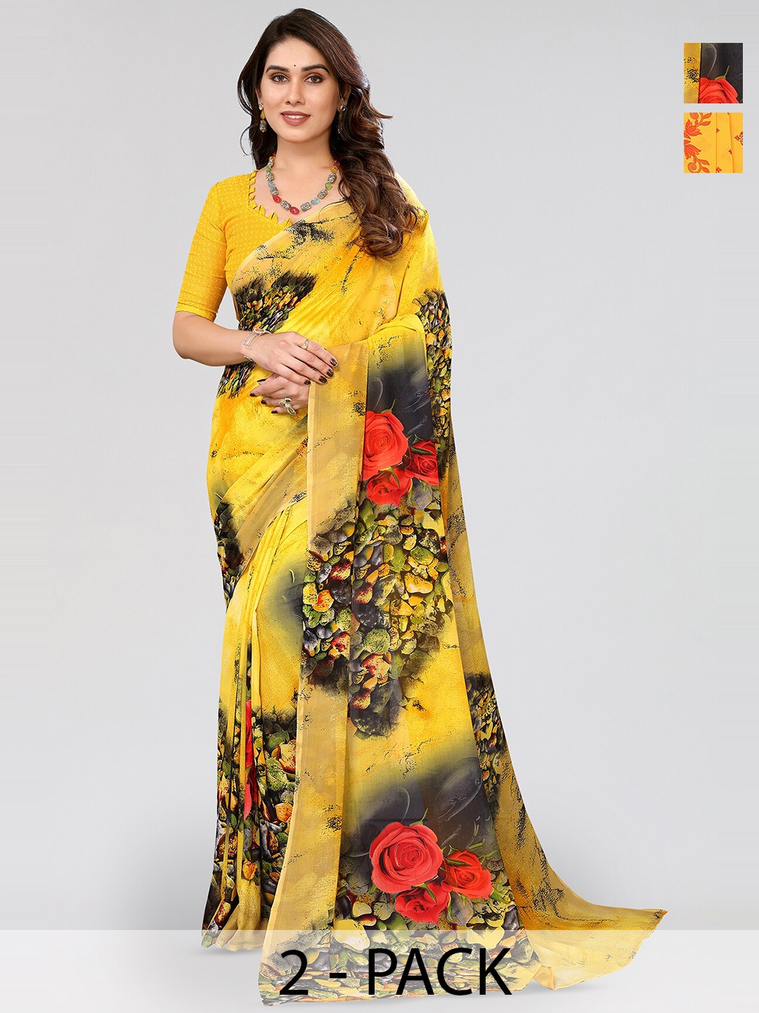 

ANAND SAREES Selection Of 2 Floral Printed Sarees, Yellow