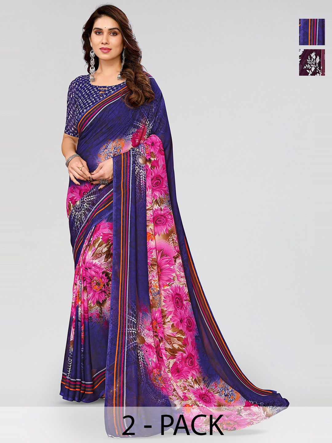 

ANAND SAREES Selection Of 2 Floral Printed Sarees, Brown