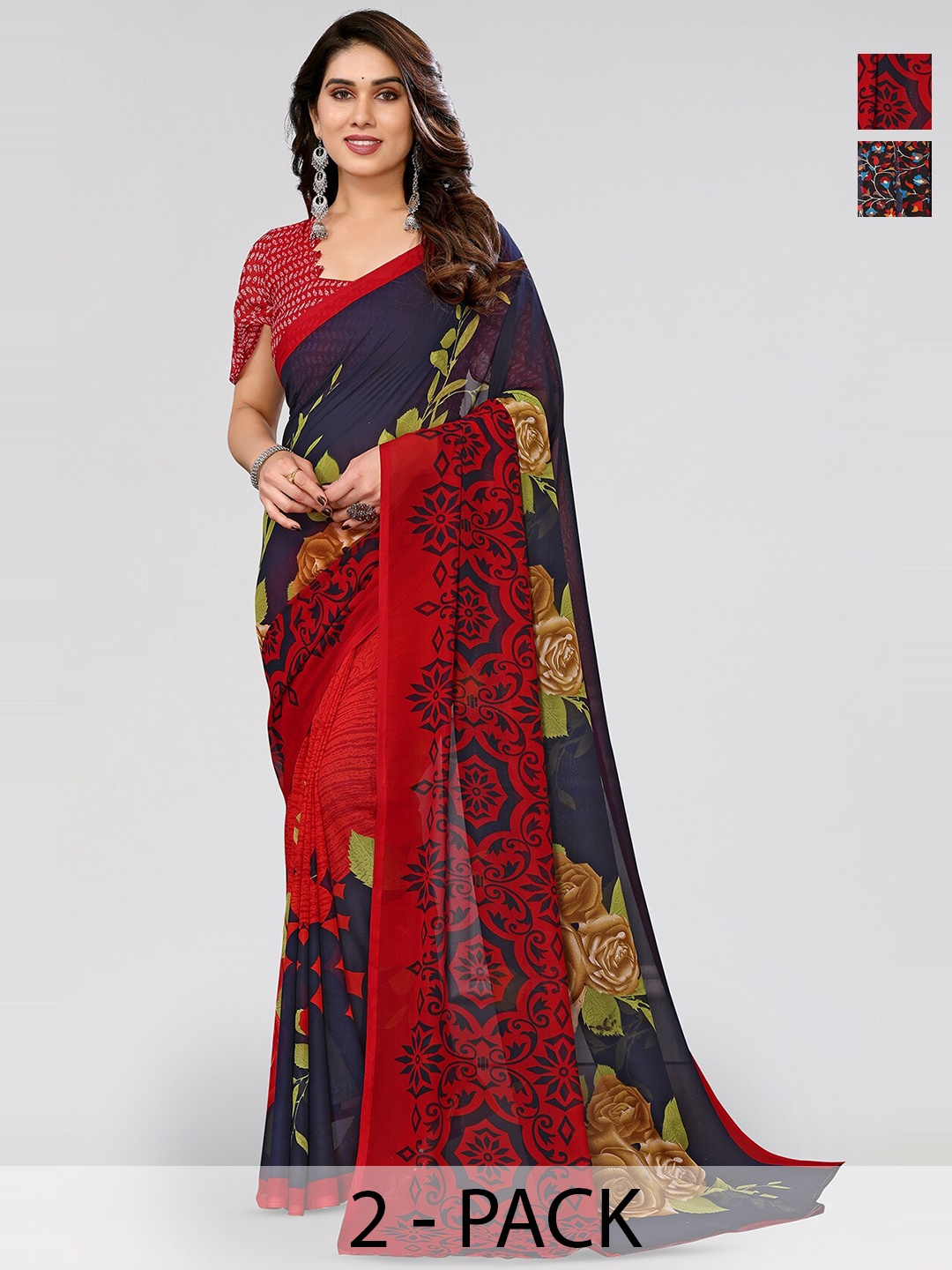 

ANAND SAREES Selection Of 2 Floral Printed Sarees, Burgundy