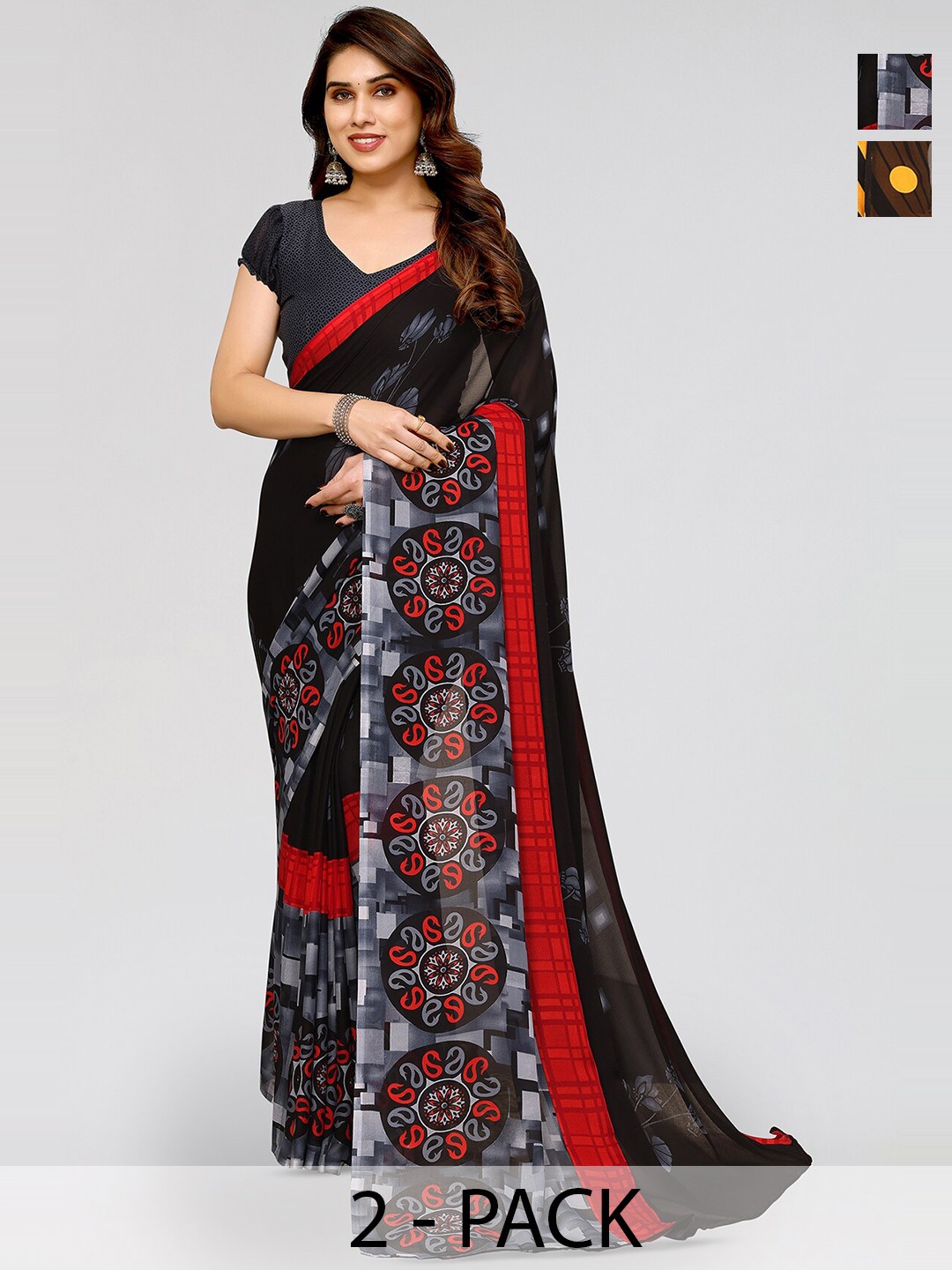 

ANAND SAREES Selection Of 2 Floral Printed Sarees, Black