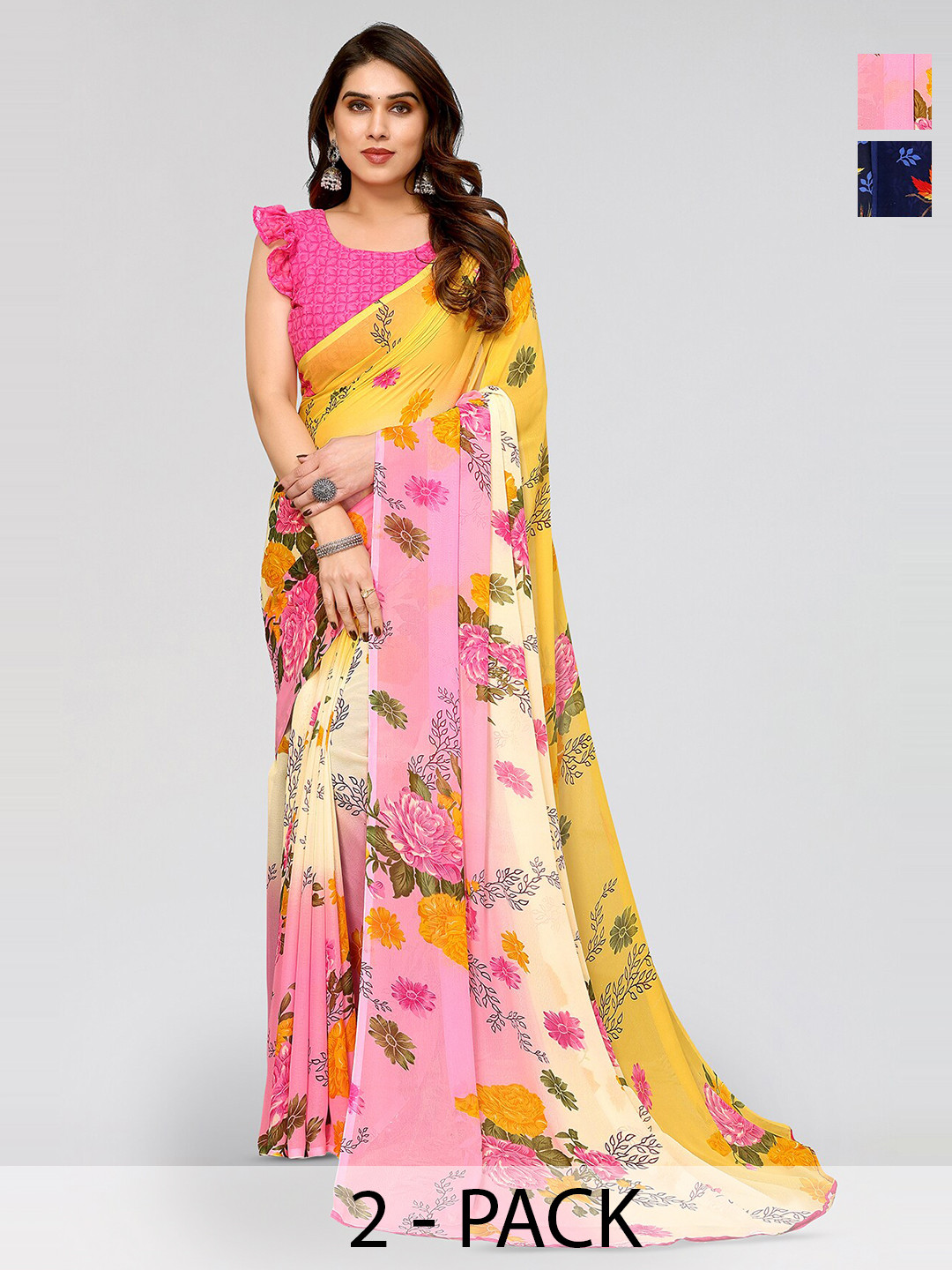

ANAND SAREES Selection Of 2 Floral Printed Sarees, Pink
