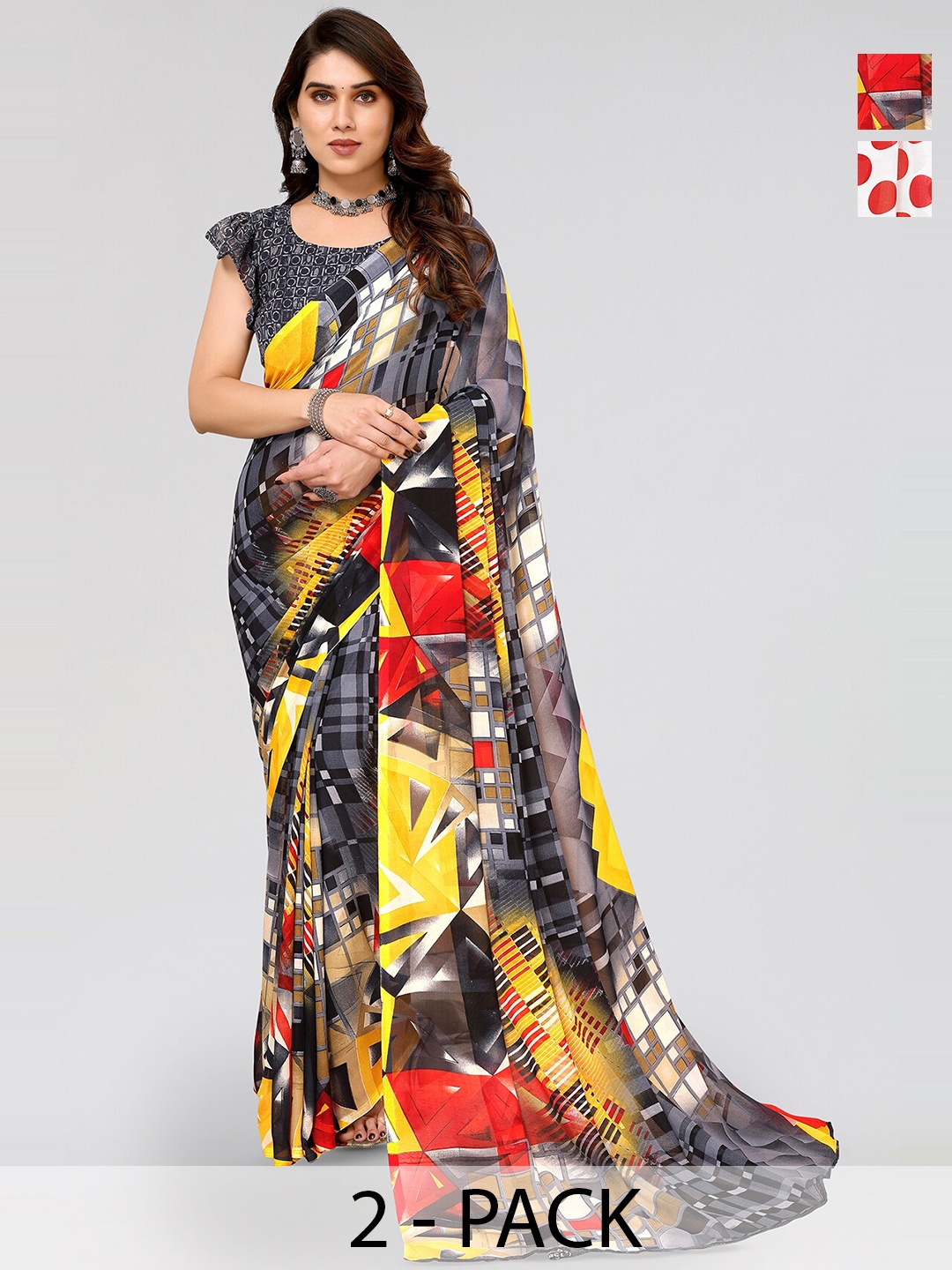 

ANAND SAREES Selection Of 2 Floral Printed Sarees, Red