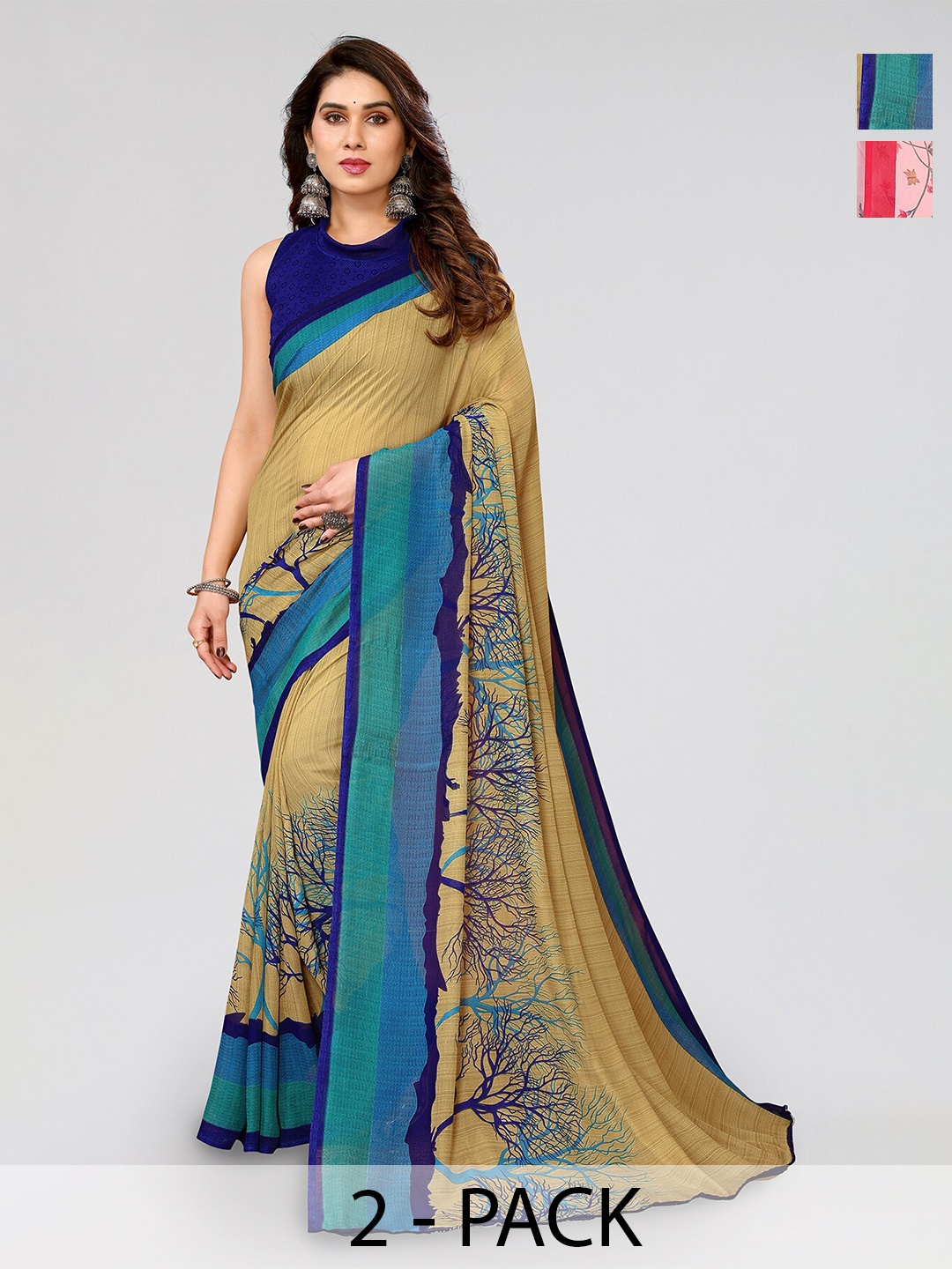 

ANAND SAREES Selection Of 2 Floral Printed Sarees, Pink