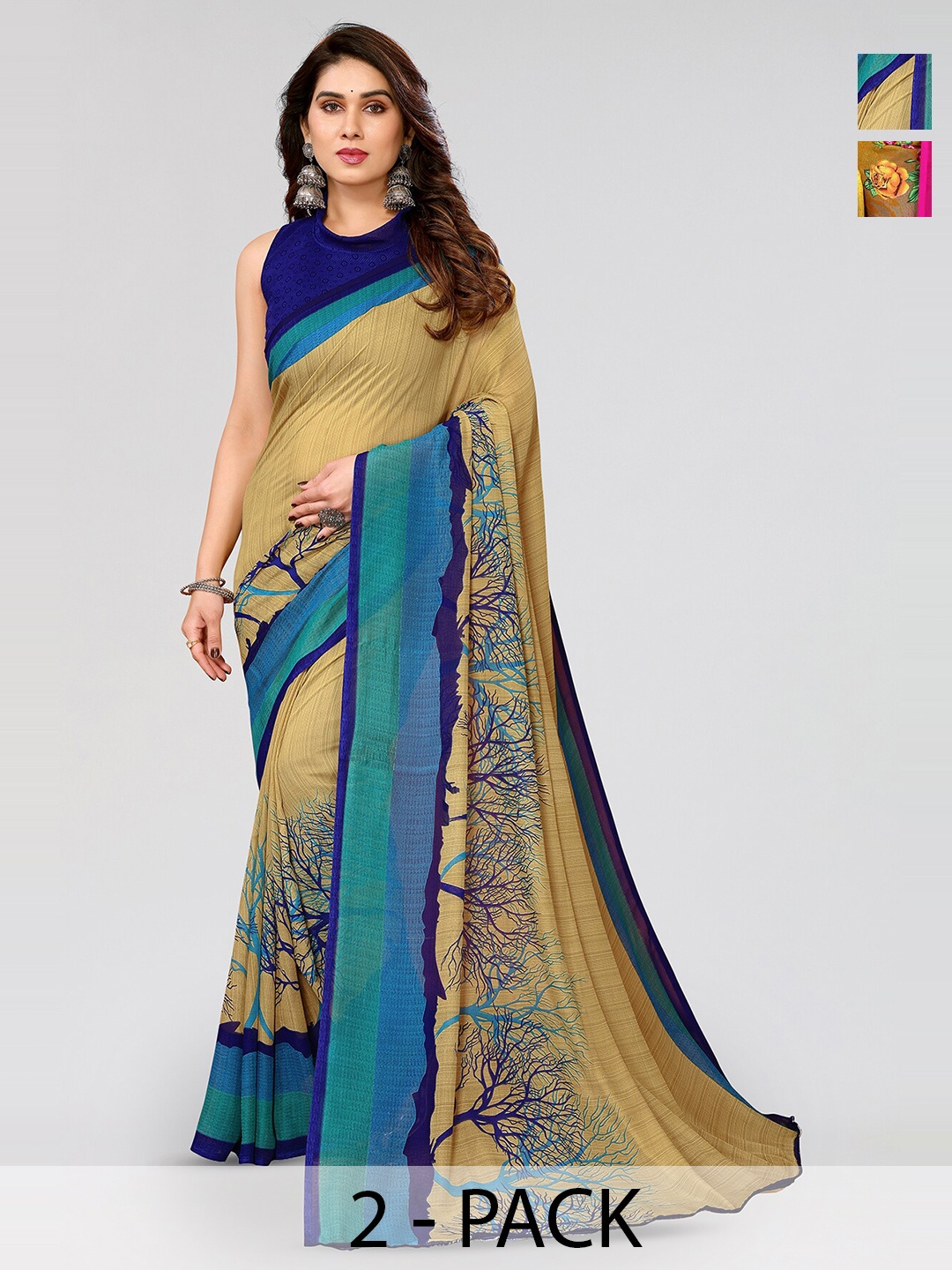 

ANAND SAREES Selection Of 2 Floral Printed Sarees, Yellow