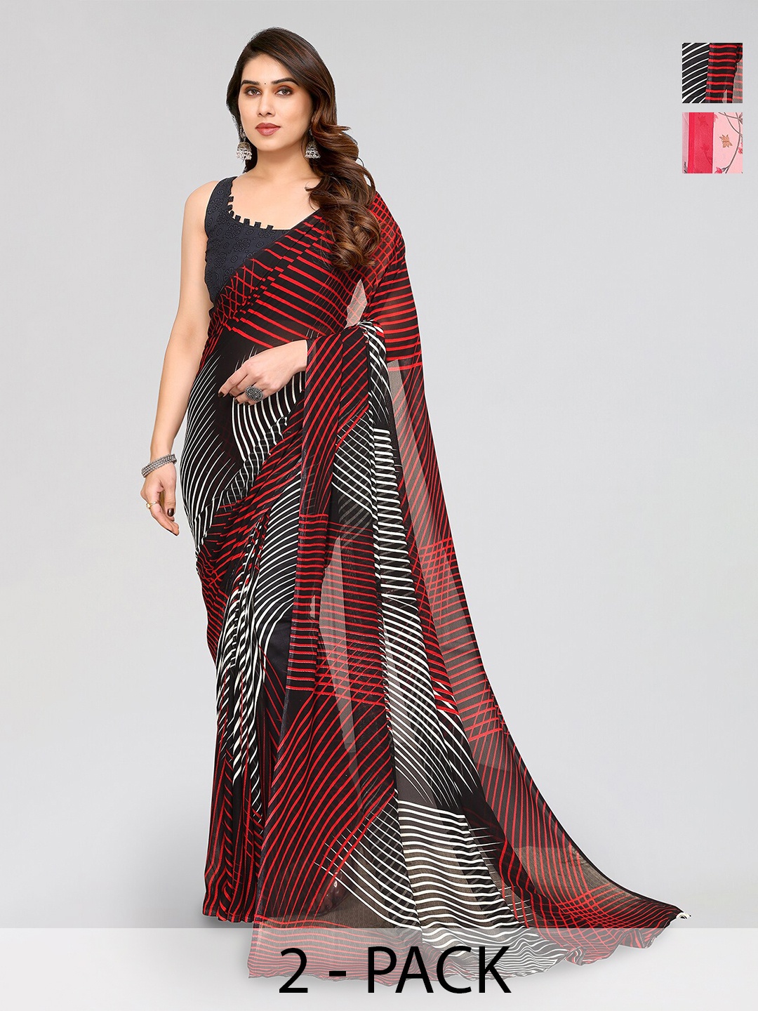 

ANAND SAREES Selection Of 2 Floral Printed Sarees, Red